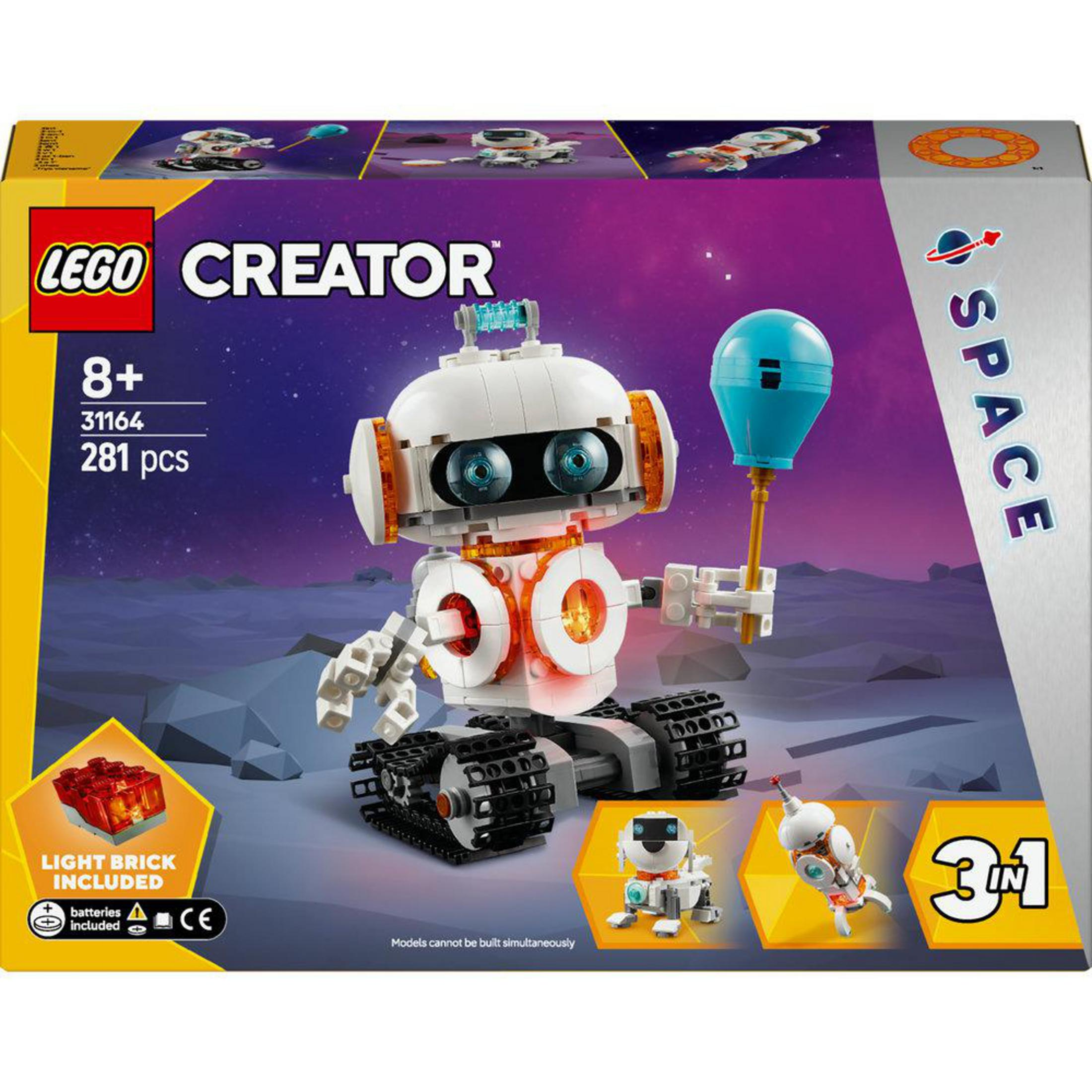 Mavi bir balon ve diğer küçük robotlarla bir LEGO Creator robot oyuncağı.
