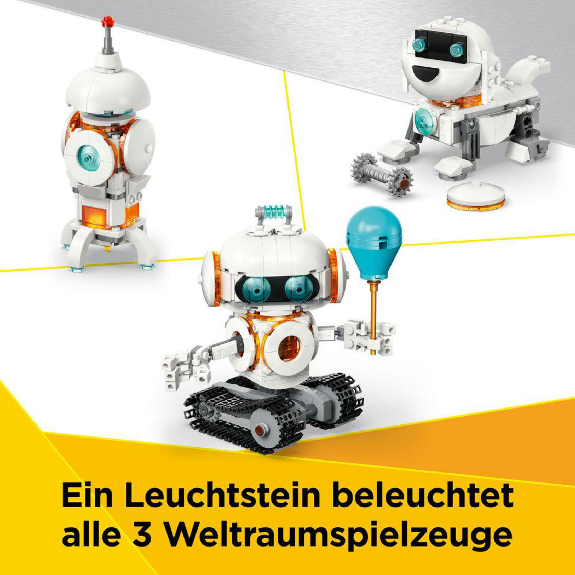Trzy roboty kosmiczne LEGO. Jeden trzyma balon. Tekst poniżej brzmi: 'Lekka cegła oświetla wszystkie 3 zabawki'.