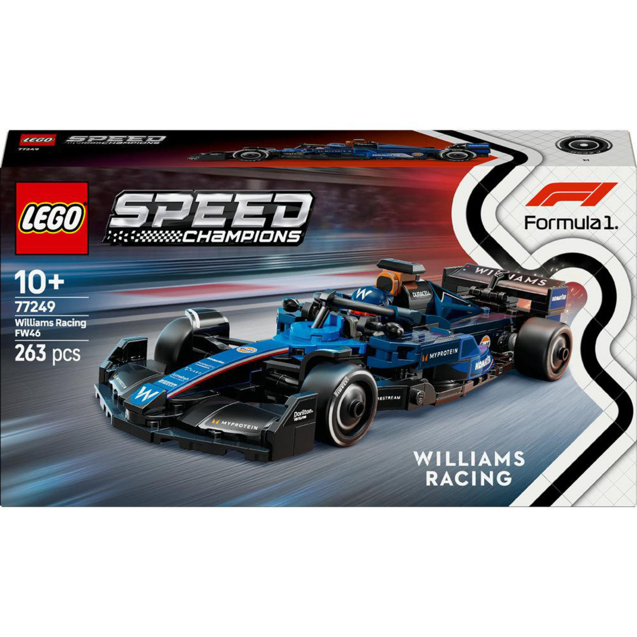 Mavi bir Williams Racing F1 arabası gösteren LEGO Speed Champions set kutusu. Kutuda Williams Racing yazıyor.