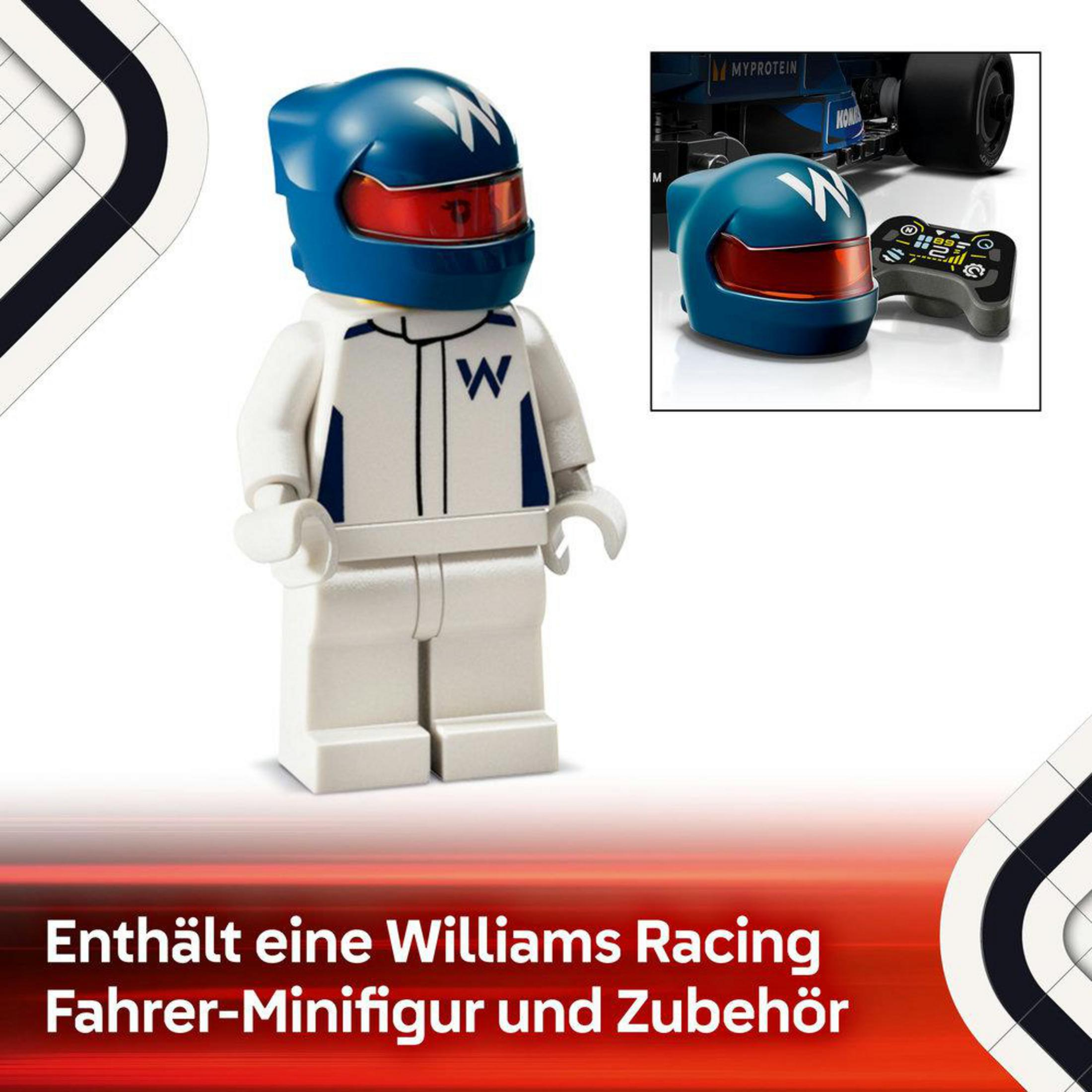 Minifigurka LEGO kierowcy Williams Racing w bieli z niebieskim kaskiem i akcesoriami.