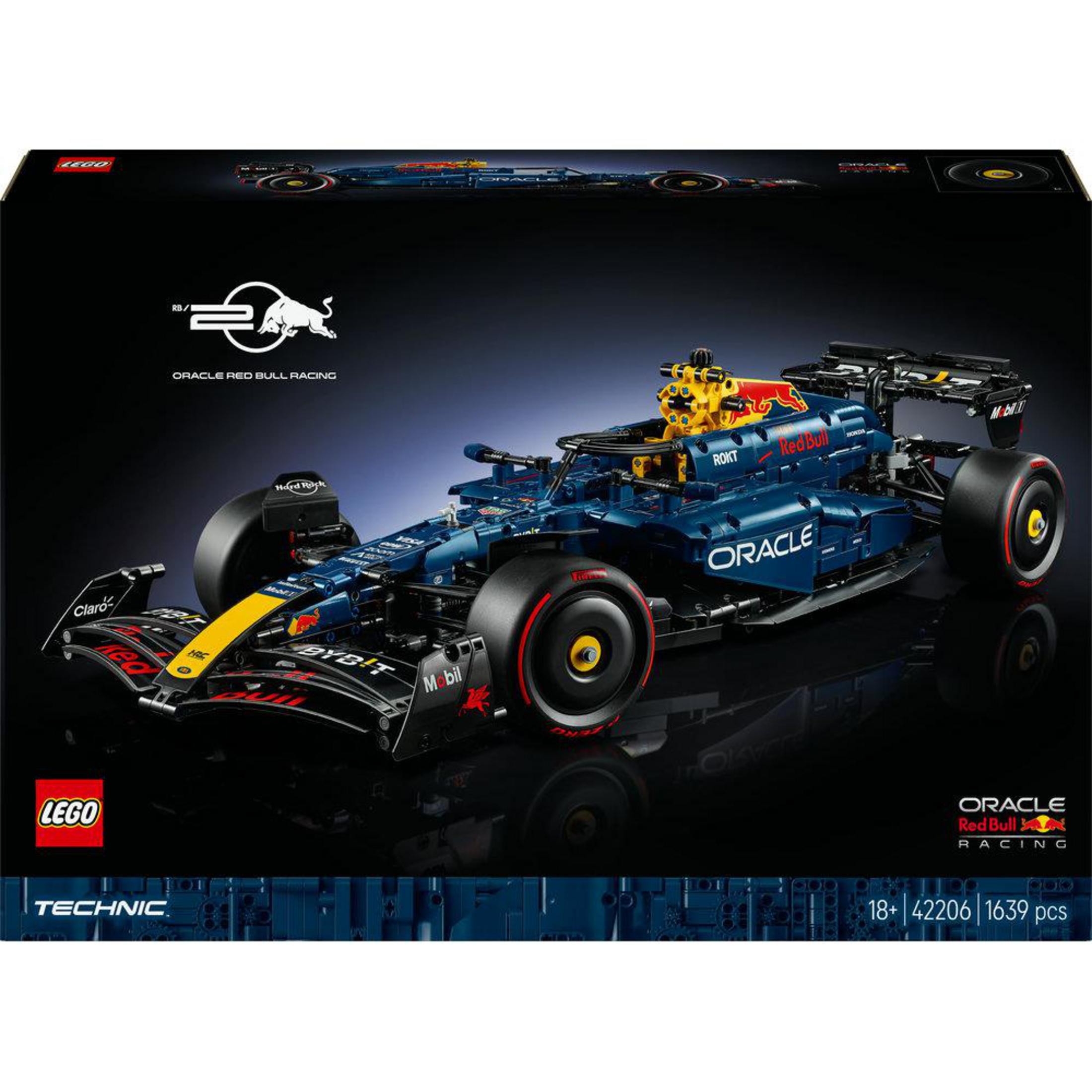Mavi bir Red Bull Racing F1 arabası içeren LEGO Technic set kutusu. Kutuda logolar ve özellikler var.
