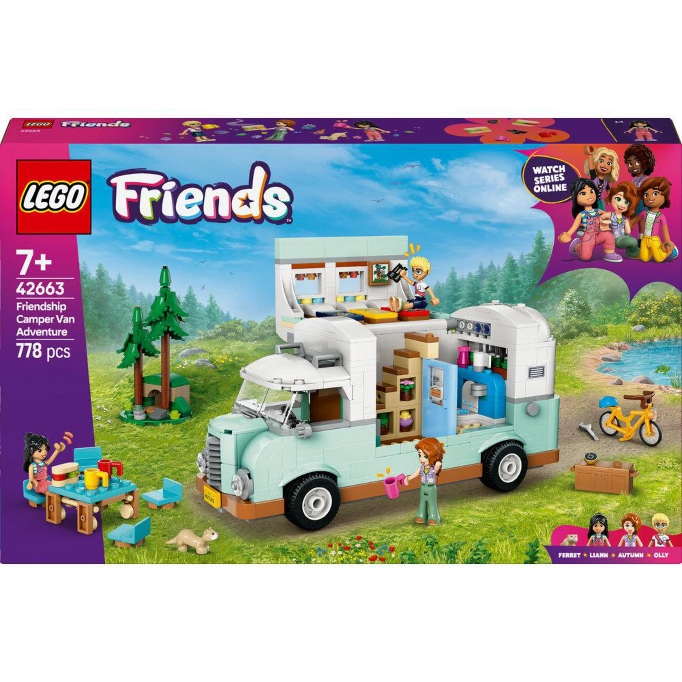 Zestaw LEGO Friends Camper Van Adventure z dużym vanem i figurkami. Zielone tło z trawą.