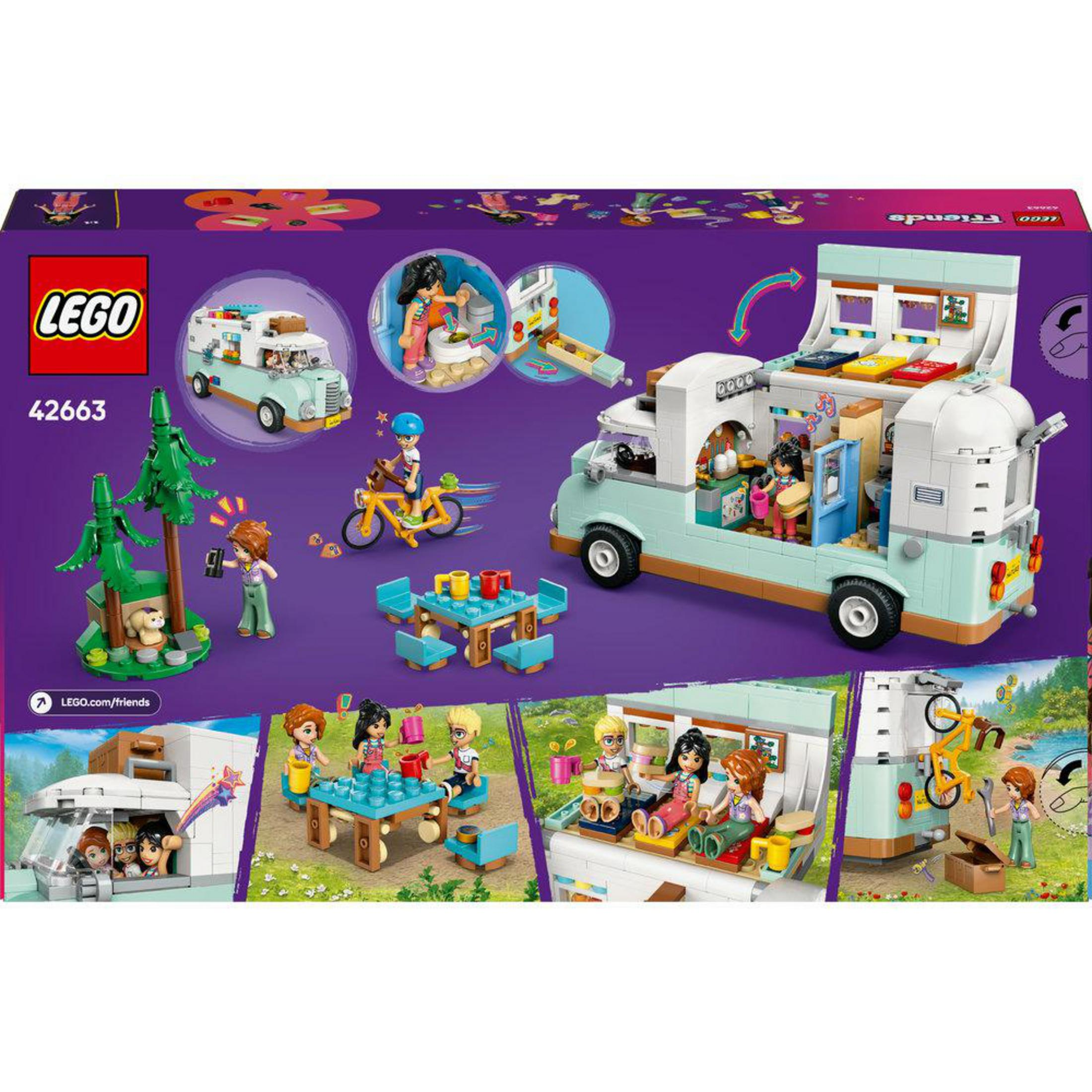 Tył pudełka zestawu LEGO Friends, pokazujący kampera i różne sceny zabawy z figurkami.