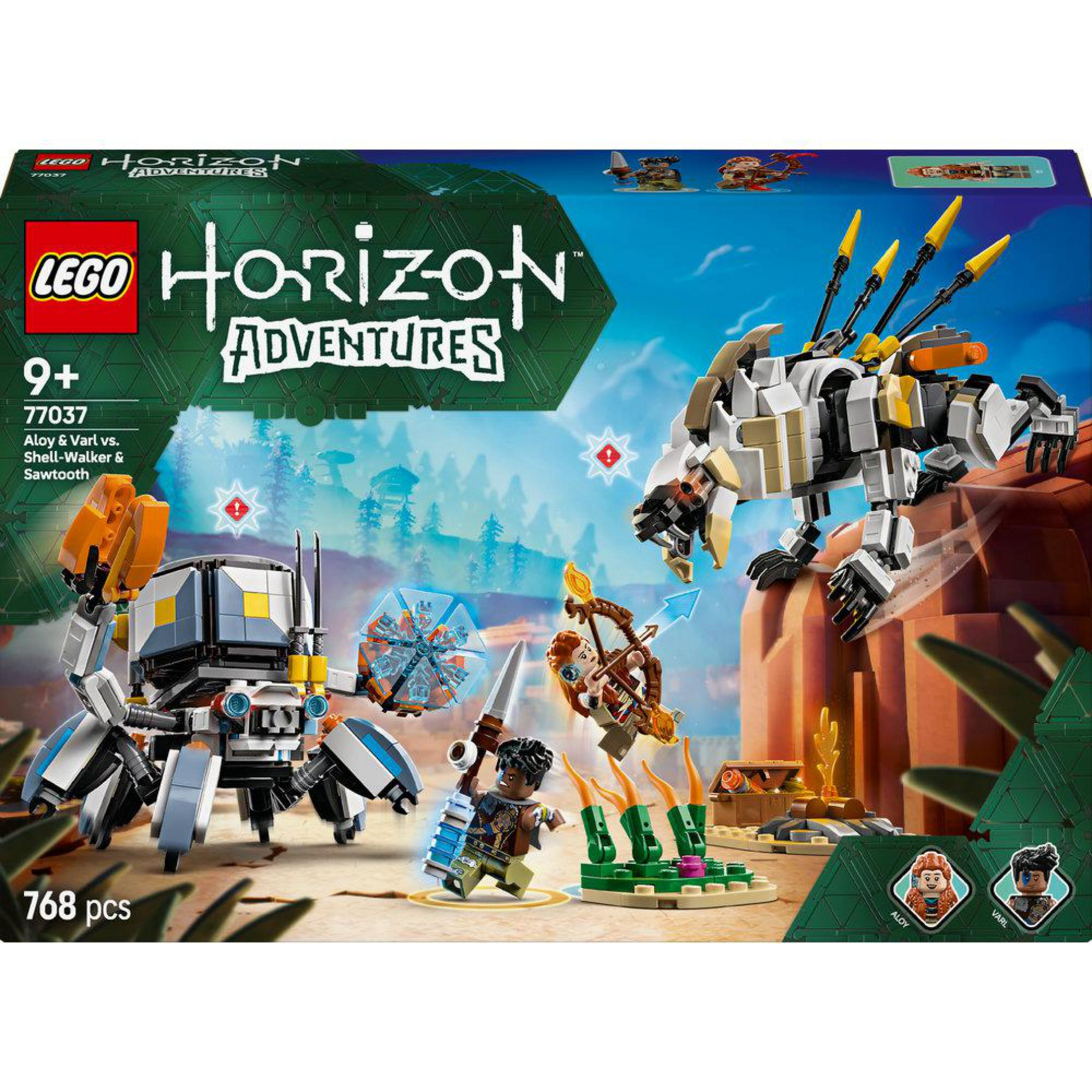 Set de caja LEGO Horizon Adventures con figuras y dinosaurio robot en un paisaje desértico.