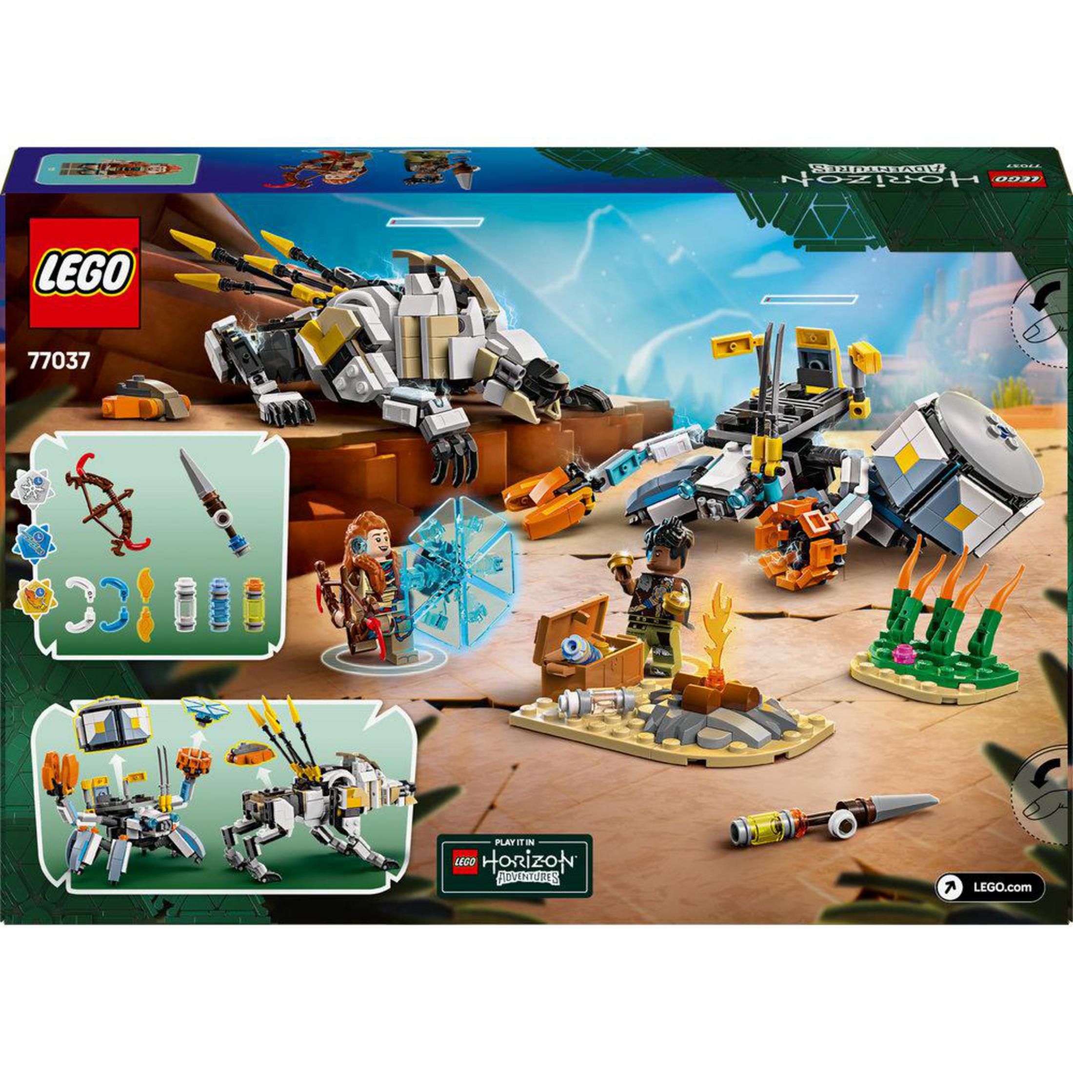Caja de Lego con tema Horizon Adventures, con un dinosaurio robot, figuras y accesorios.