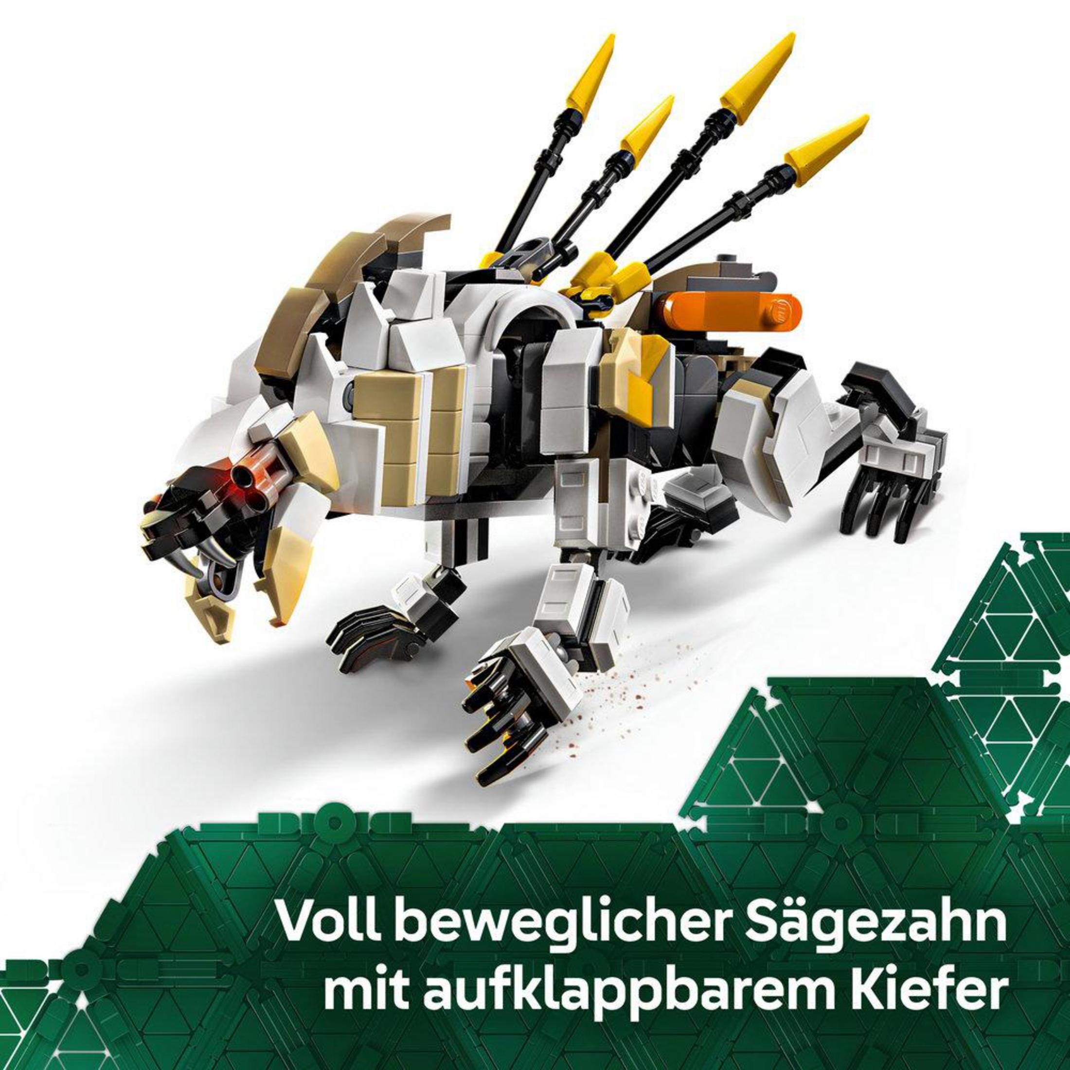 Set LEGO Horizon Adventures con un gran dinosaurio robot con mandíbula articulada.