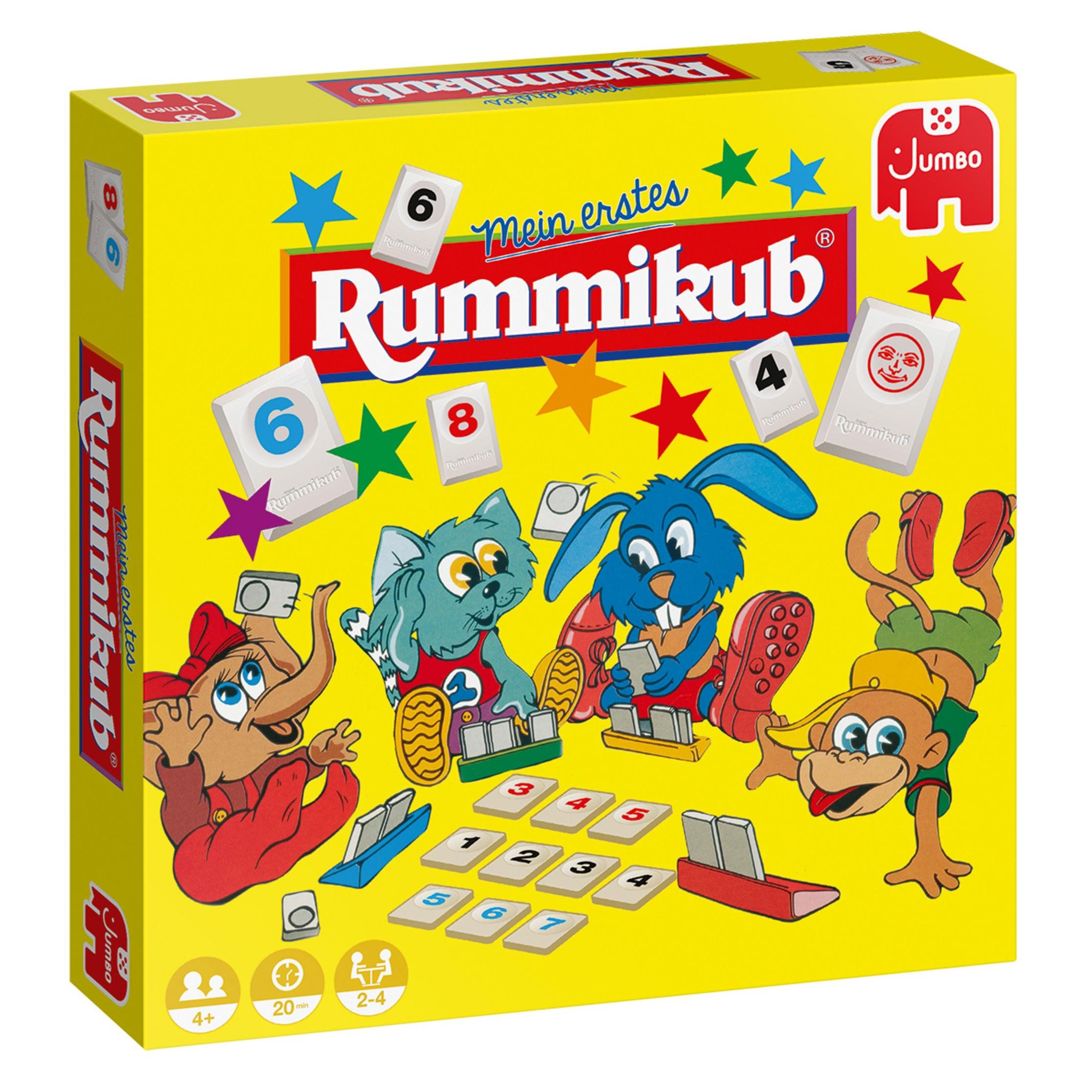 Gelbe Schachtel des Spiels Mein Erstes Rummikub mit Cartoonfiguren und Spielsteinen. Jumbo-Logo.