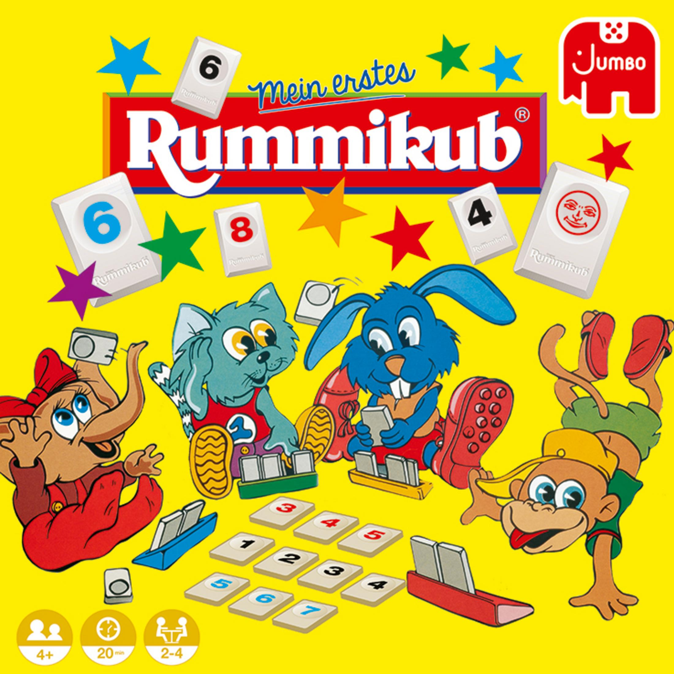 Die Rummikub-Spielbox wird gezeigt, mit den Spielsteinen und Figuren auf der Vorderseite der Box.