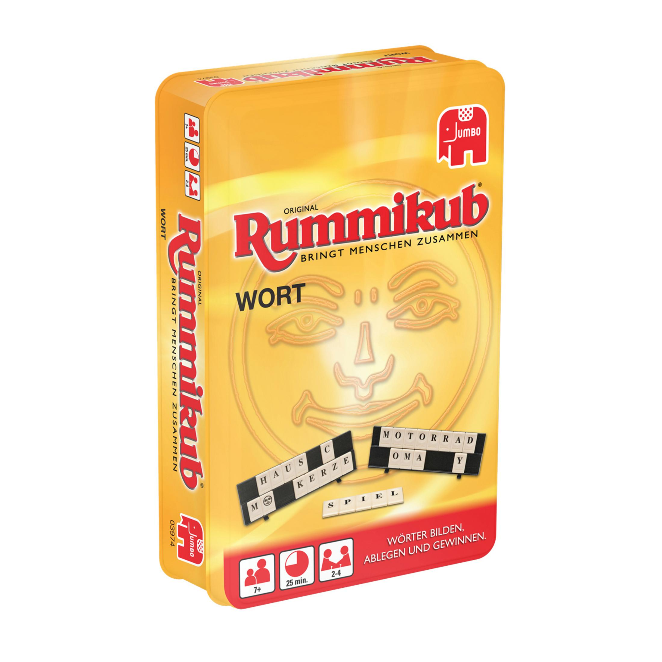 Rummikub Wortspielbox, mit Spielsteinen und Text.