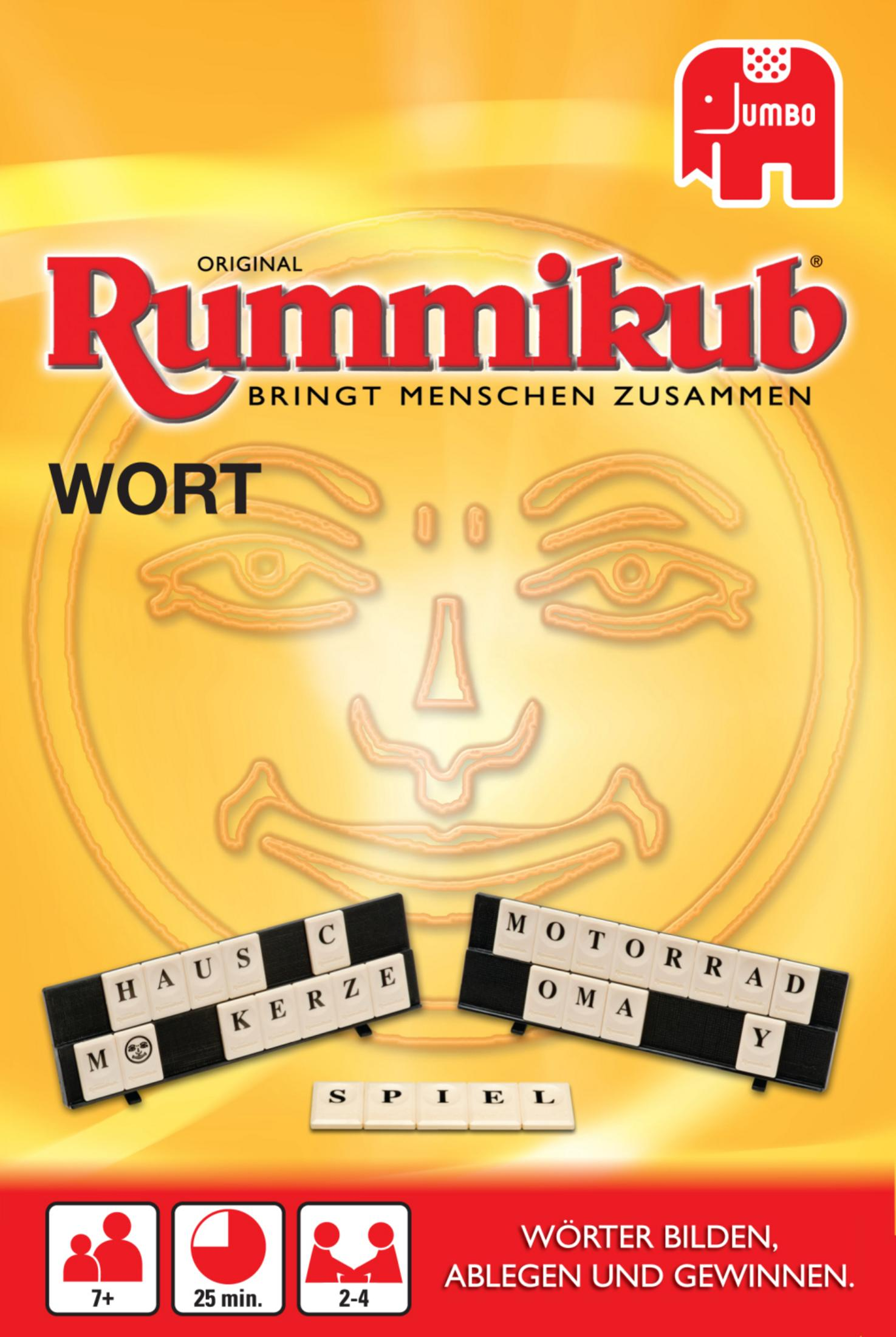 Originale Rummikub-Box mit dem Wortspiel darauf. Das Wortspiel wird auf den Spielsteinen angezeigt.