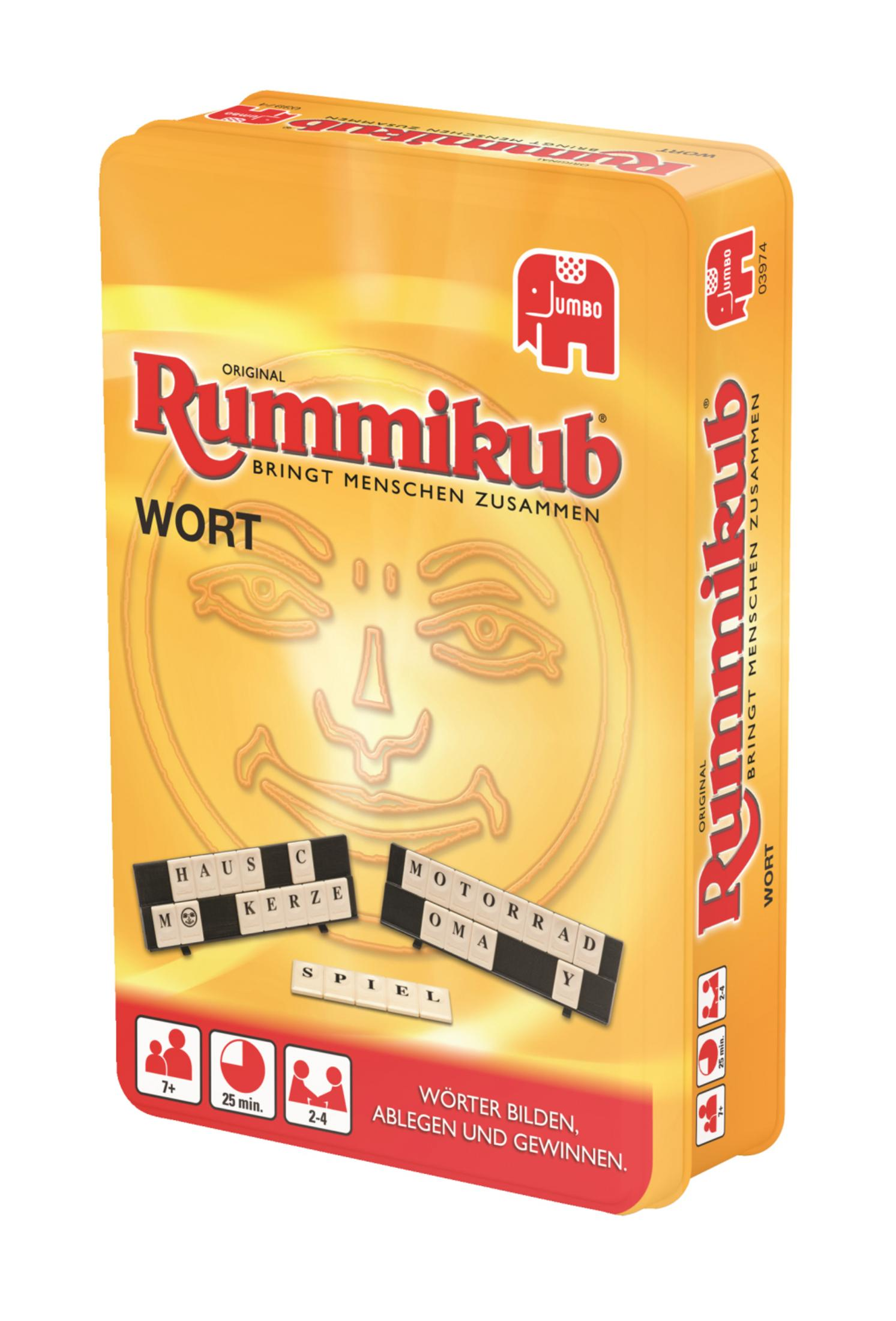 Rummikub Wortspielbox, mit Spielsteinen und Text.