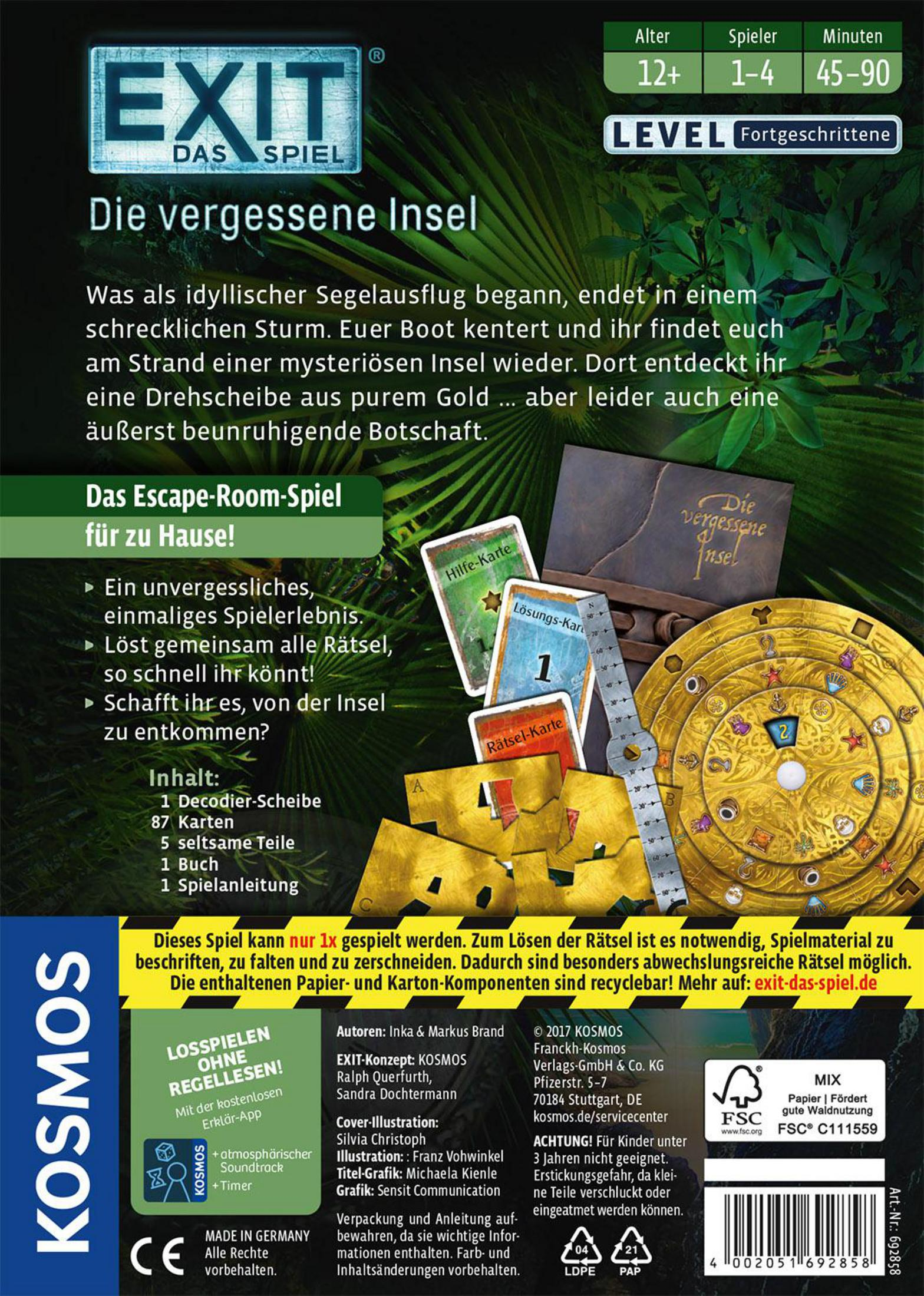 Spielbox-Rückseite. Text auf Deutsch, zeigt den Spieletitel. Das Spiel heißt Die vergessene Insel.