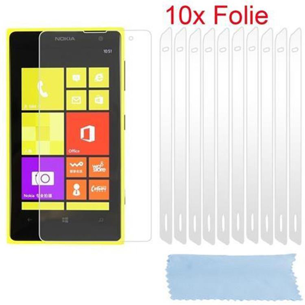 Smartphone Nokia giallo e nero con protezione schermo e dieci protezioni in pellicola trasparente.
