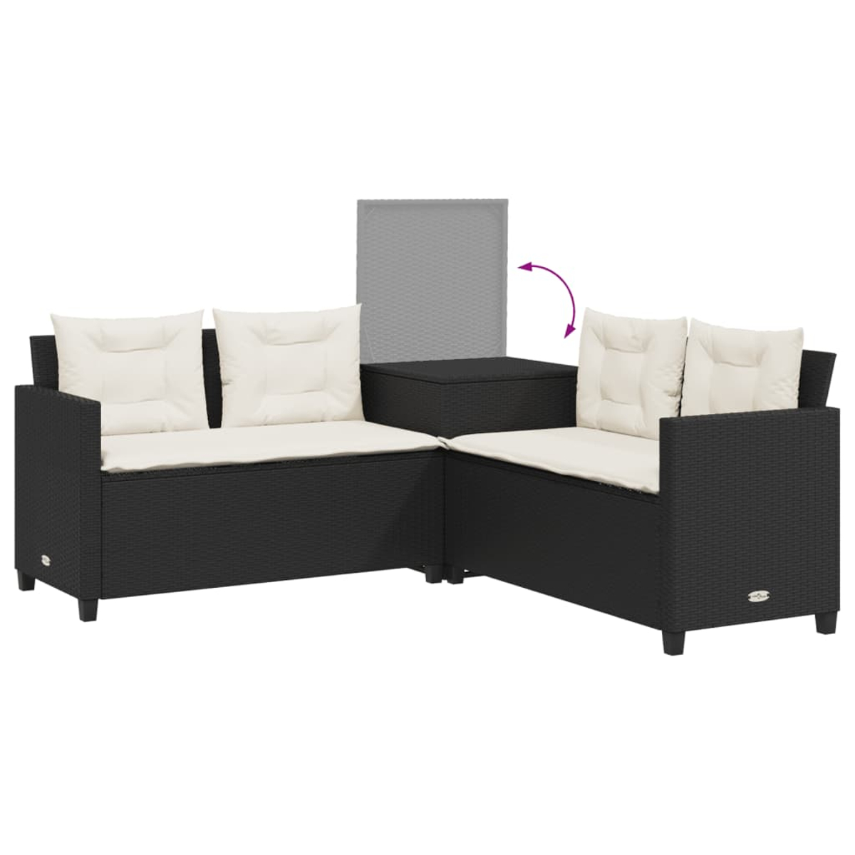 Schwarzes Outdoor-Ecksofa aus Korbgeflecht mit weißen Kissen und einer grauen Aufbewahrungsbox.