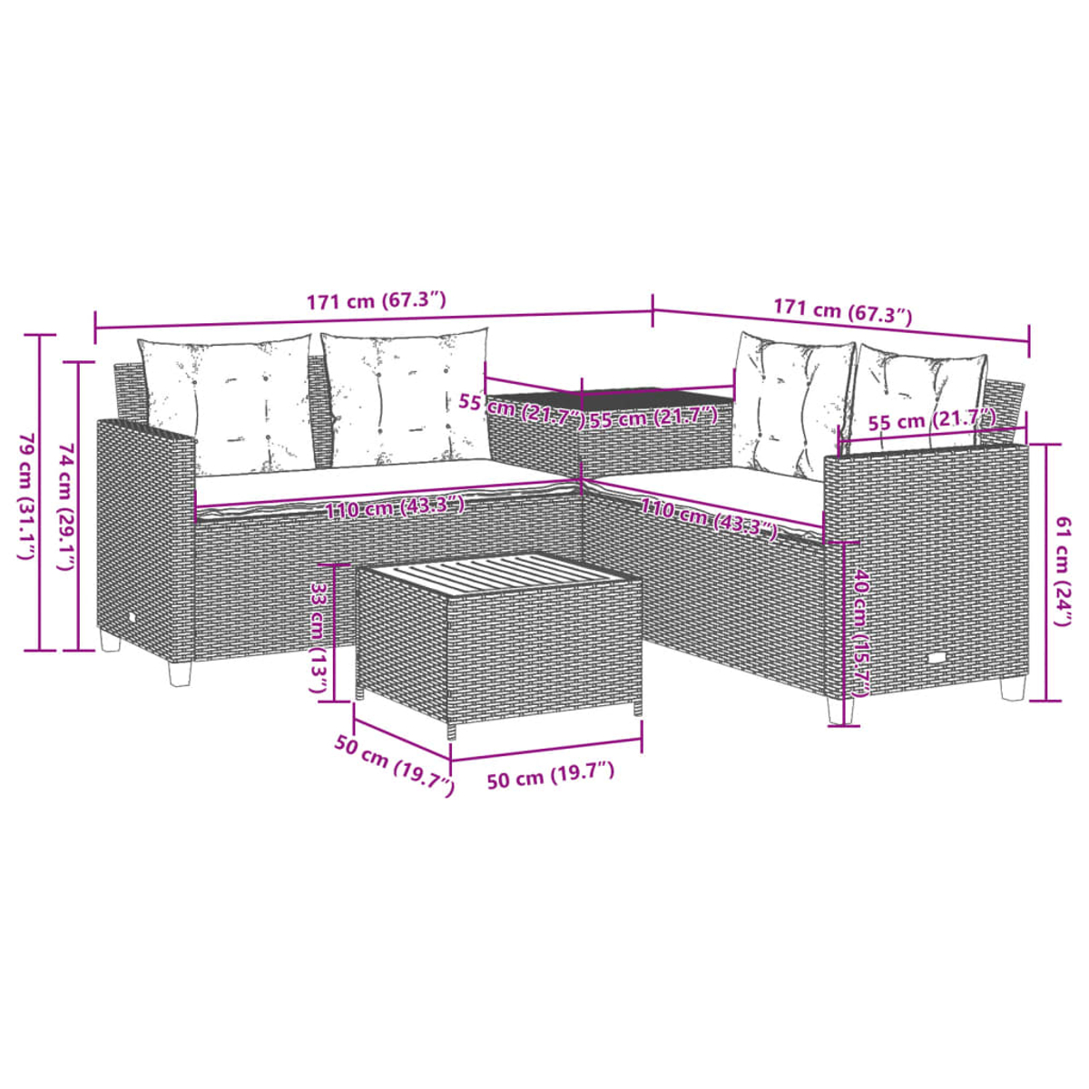 Geflochtenes Outdoor-Ecksofa und Couchtisch mit Maßangaben.