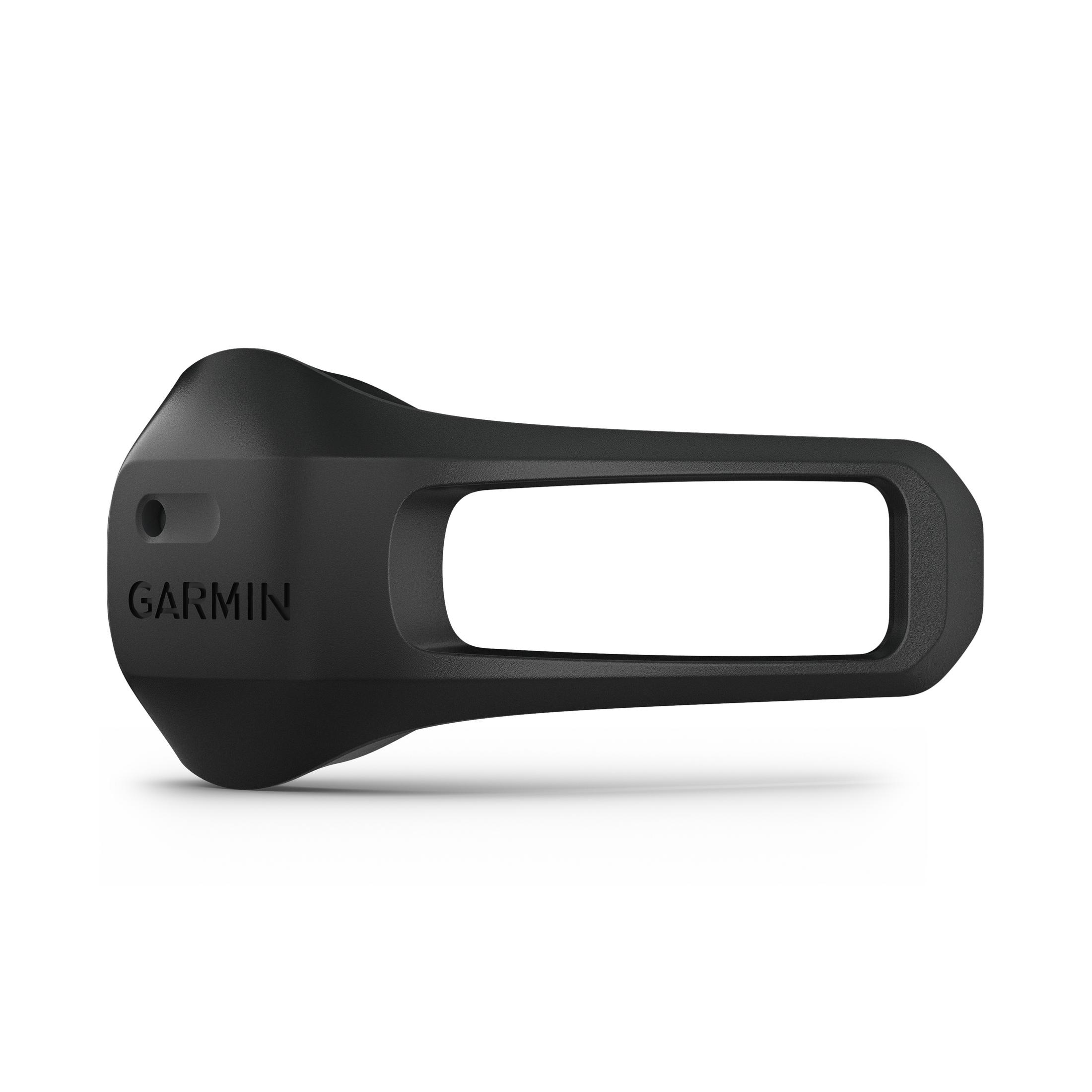 Monitor de frecuencia cardíaca Garmin negro. Tiene una forma curva con el logotipo de Garmin.