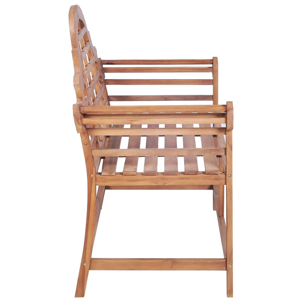 Teak-Gartenbank, Seitenansicht. Holzlatten und geschwungene Rückenlehne.