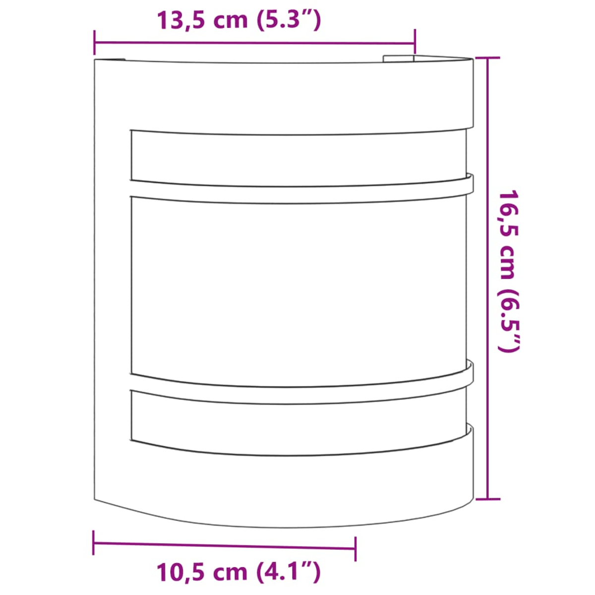 Eine weiße Wandleuchte mit Abmessungen in Zentimetern und Zoll.