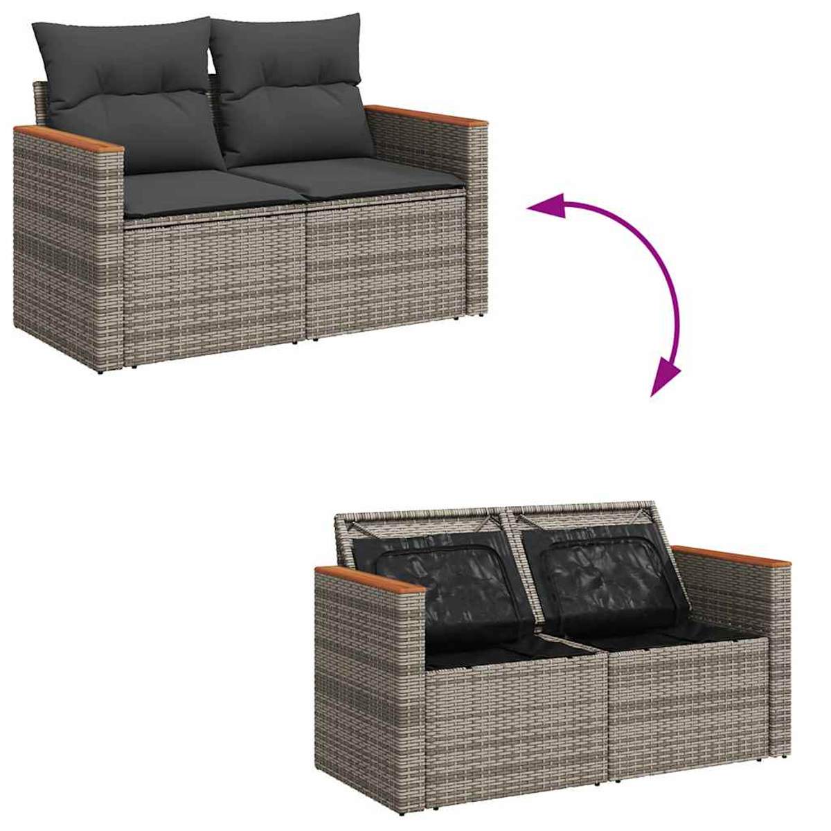 Zweisitzer-Rattansofa mit grauen Kissen, mit Stauraum, im zweiten Bild geöffnet.