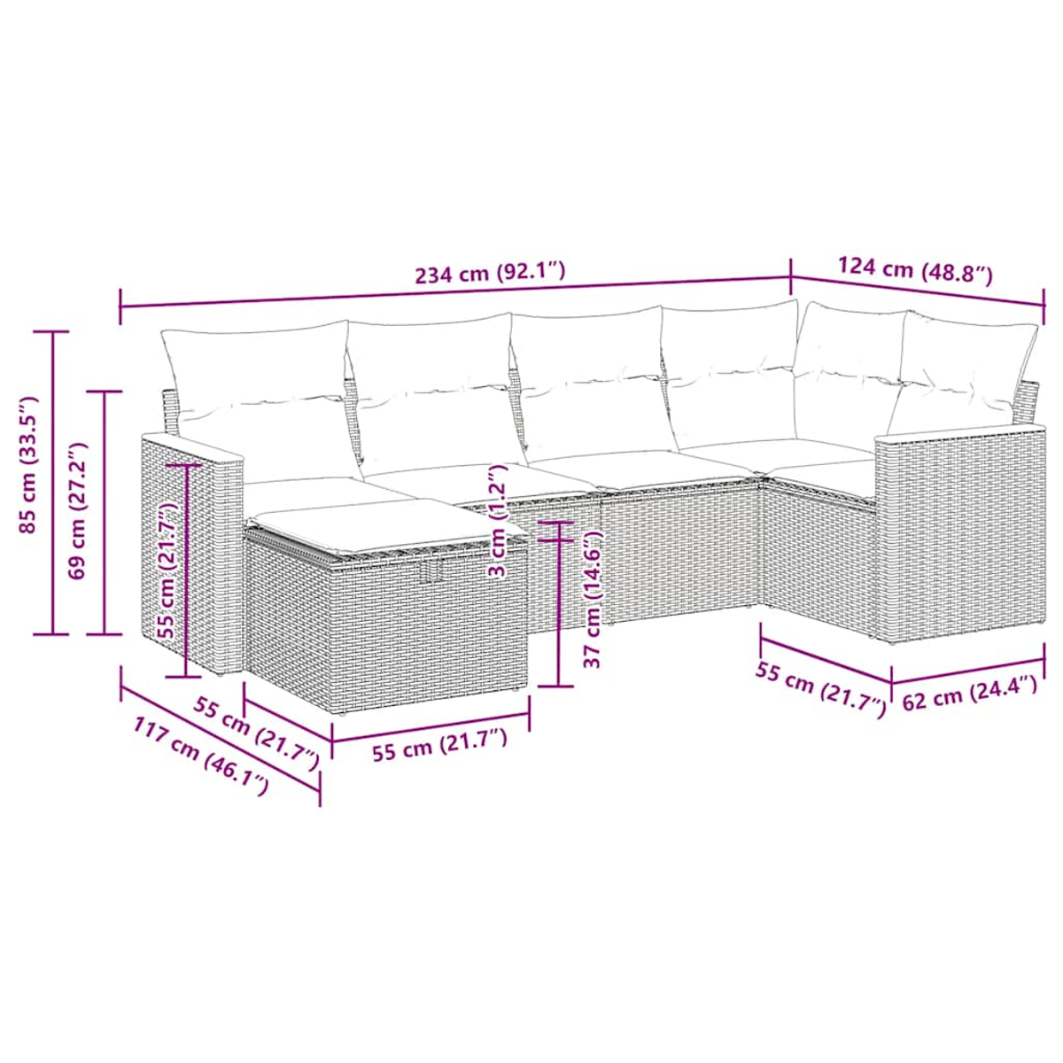 Diagramma di un divano componibile in rattan grigio con dimensioni in cm e pollici.
