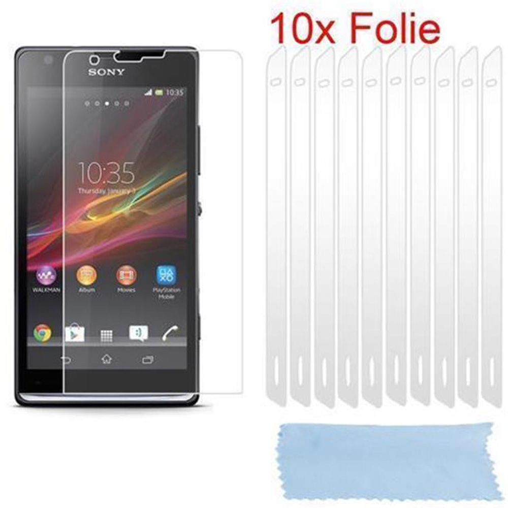 Un telefono Sony con una protezione schermo e dieci protezioni schermo aggiuntive. Viene mostrato anche un panno per la pulizia blu.