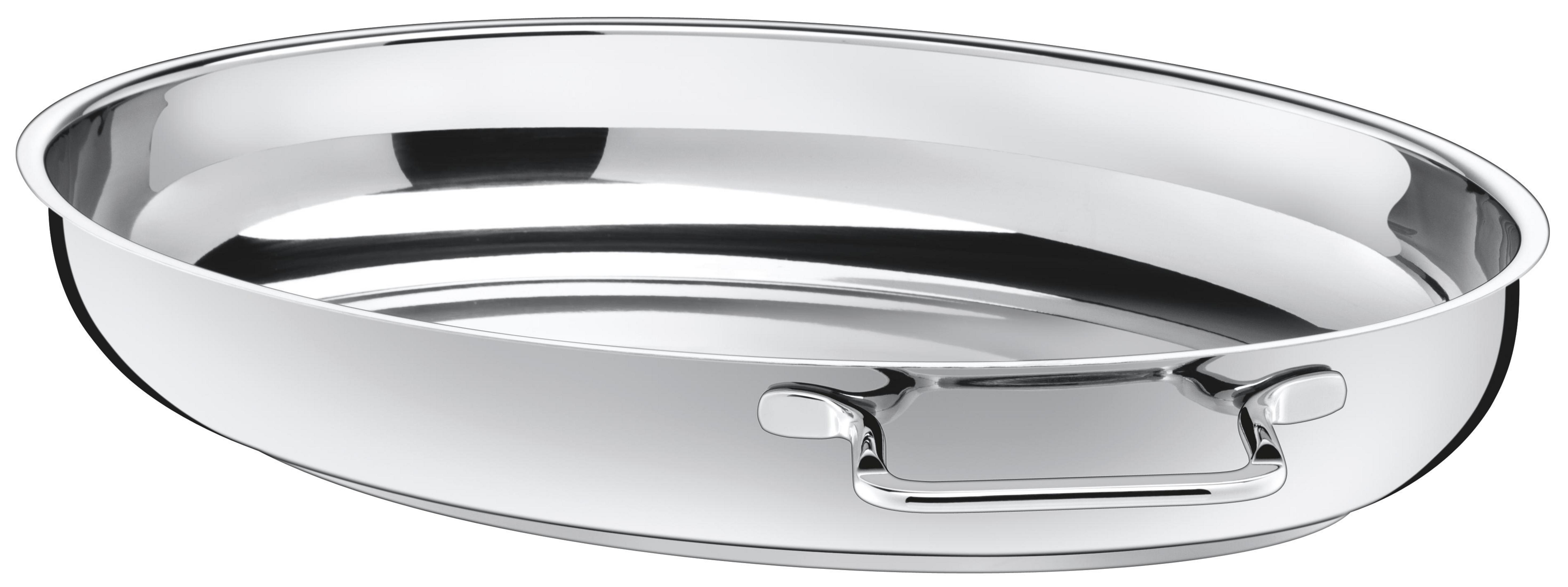 Ovale Bratform aus Edelstahl mit Griffen, weißer Hintergrund, glänzend und sauber.