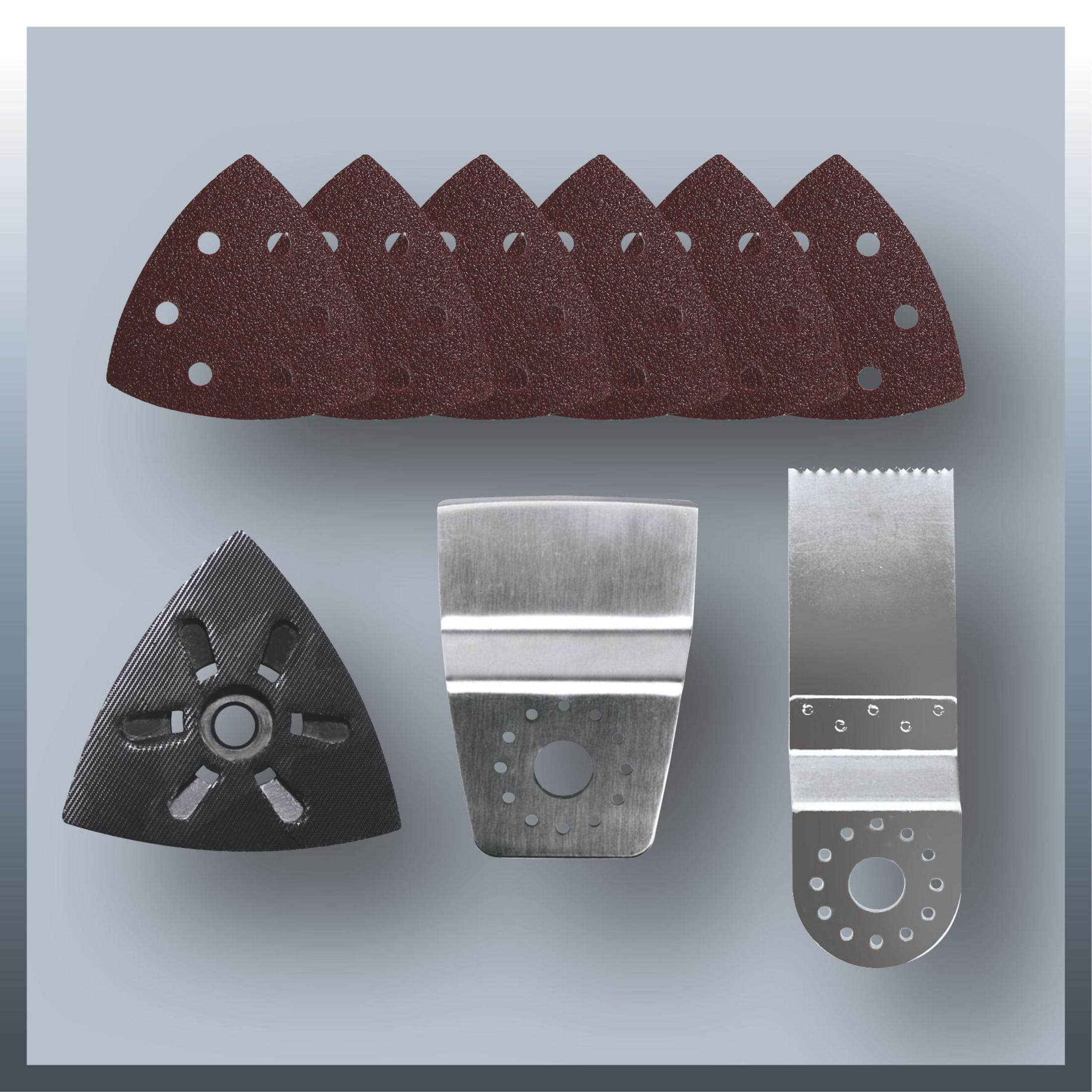 Mehrere Schleif- und Schneidklingen für Multitools. Sie sind braun, silber und schwarz.