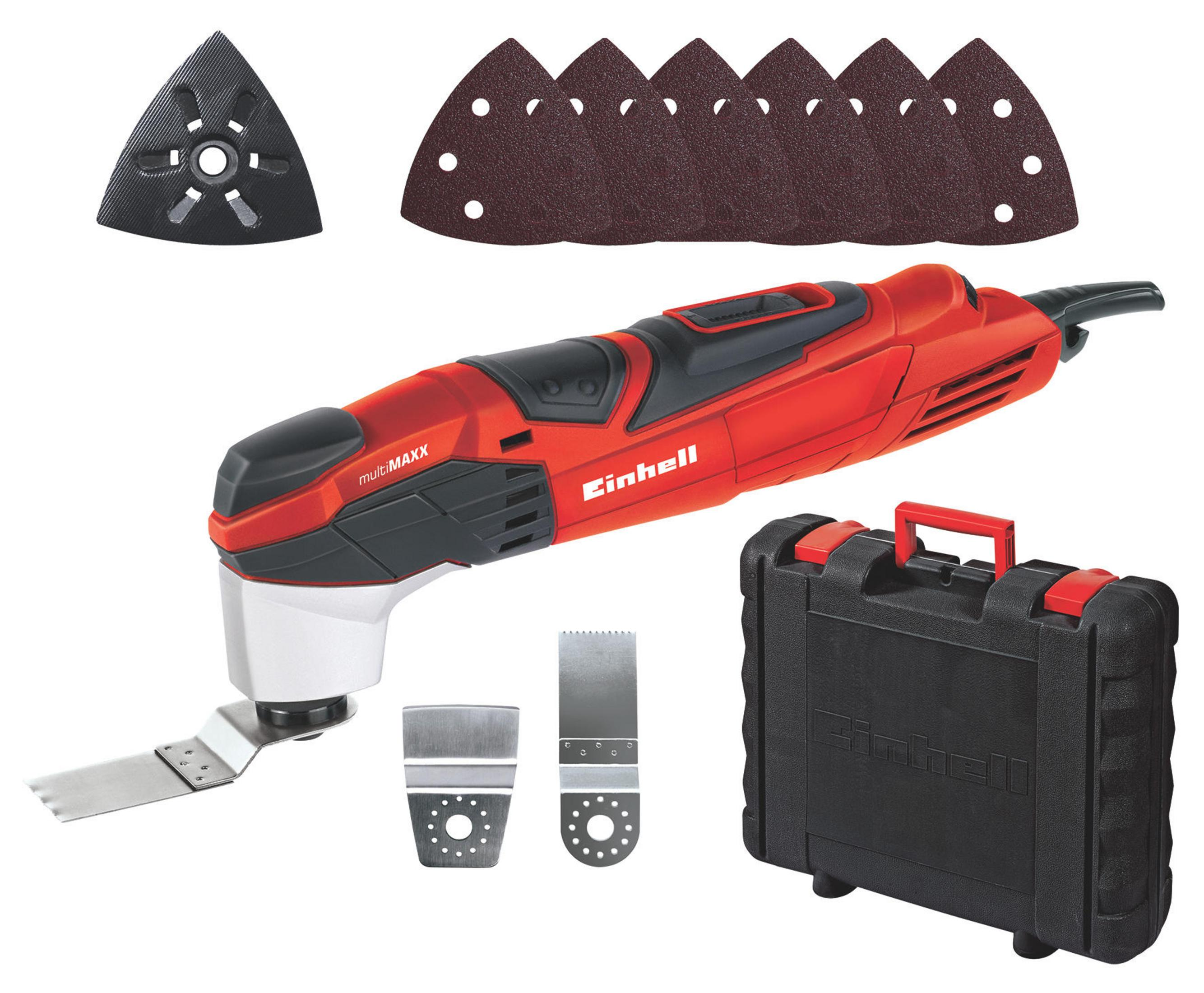 Rotes und schwarzes Multitool mit Aufsätzen und Koffer auf weißem Hintergrund.