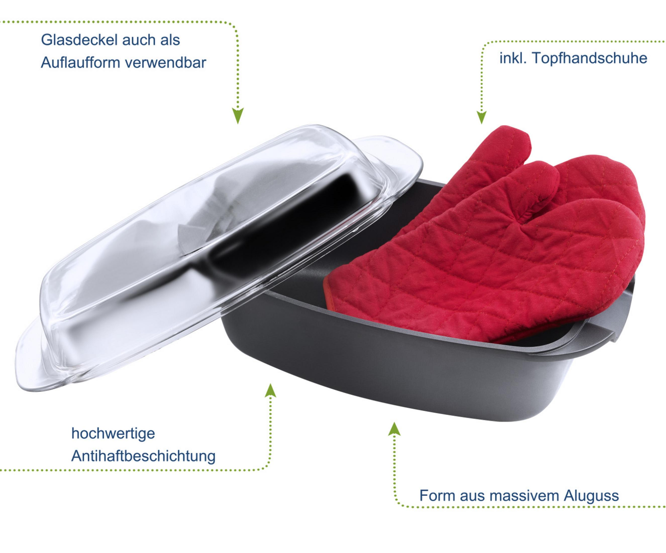 Auflaufform, rote Ofenhandschuhe, Glasdeckel und Textbeschriftungen.