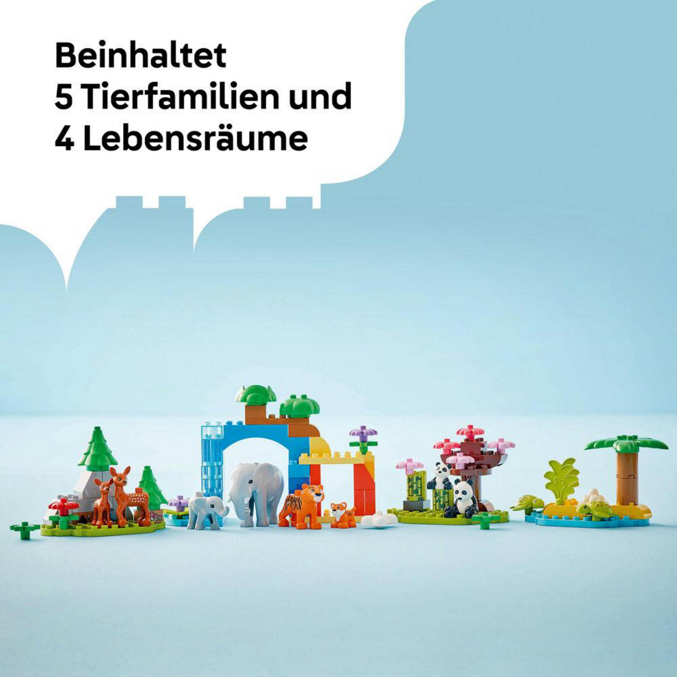 Ein Lego-Set mit Tierfiguren und Lebensräumen. Enthält einen Elefanten, einen Hirsch und einen Tiger.