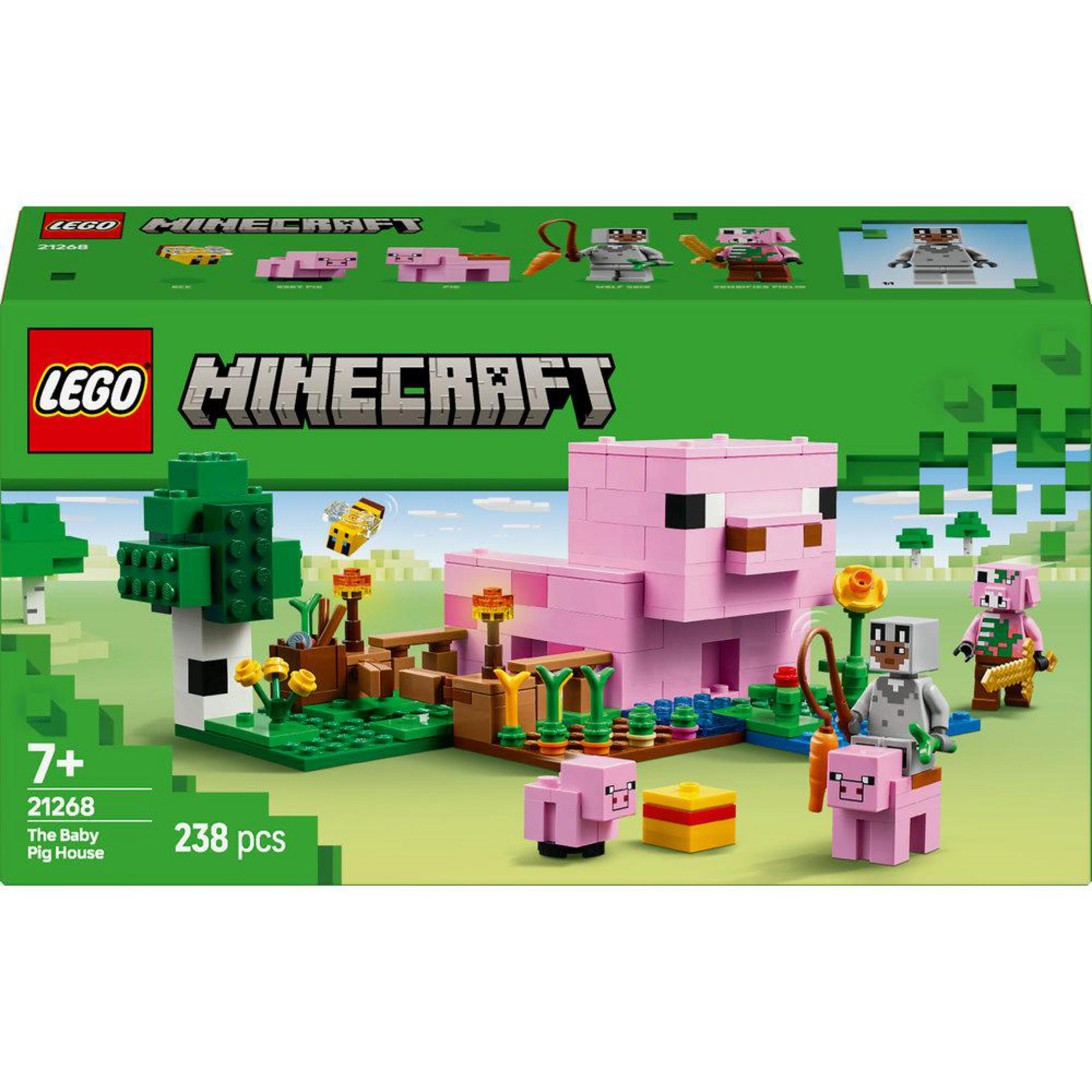 Przód pudełka zestawu Lego Minecraft. Pokazuje różowy dom dla świń z figurkami i akcesoriami.