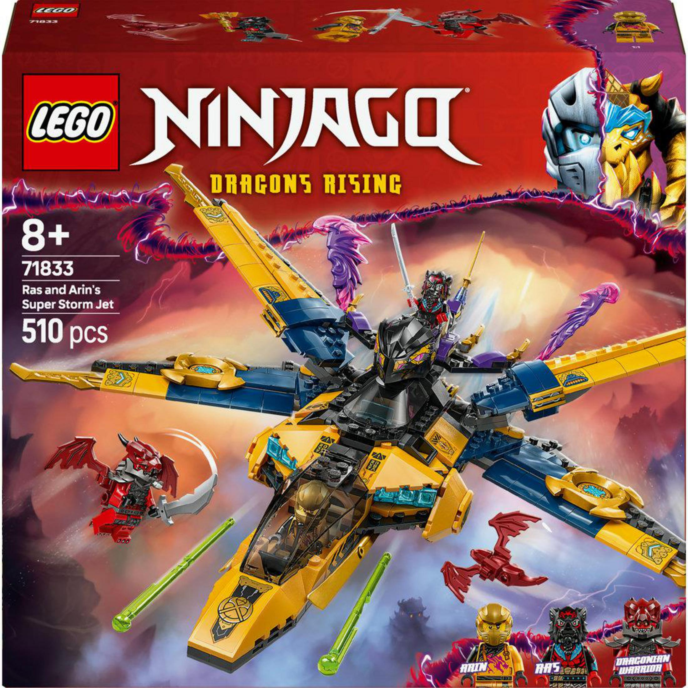 Eine Lego Ninjago Set-Box. Sie zeigt einen gelb-blauen Jet mit Minifiguren und einen roten Drachen.