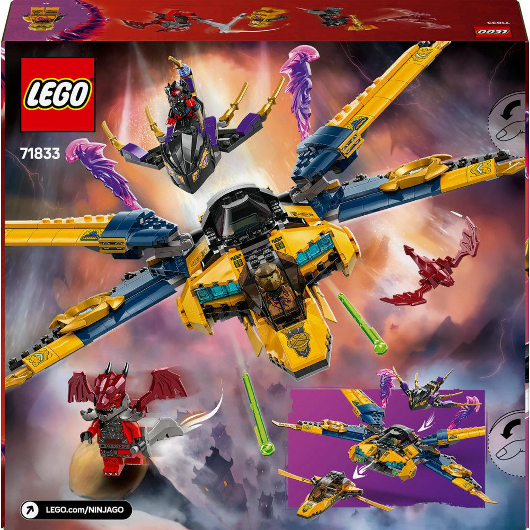 LEGO Ninjago Set-Box-Art. Ein großes gelb-blaues Flugzeug mit Minifiguren und Drachen.