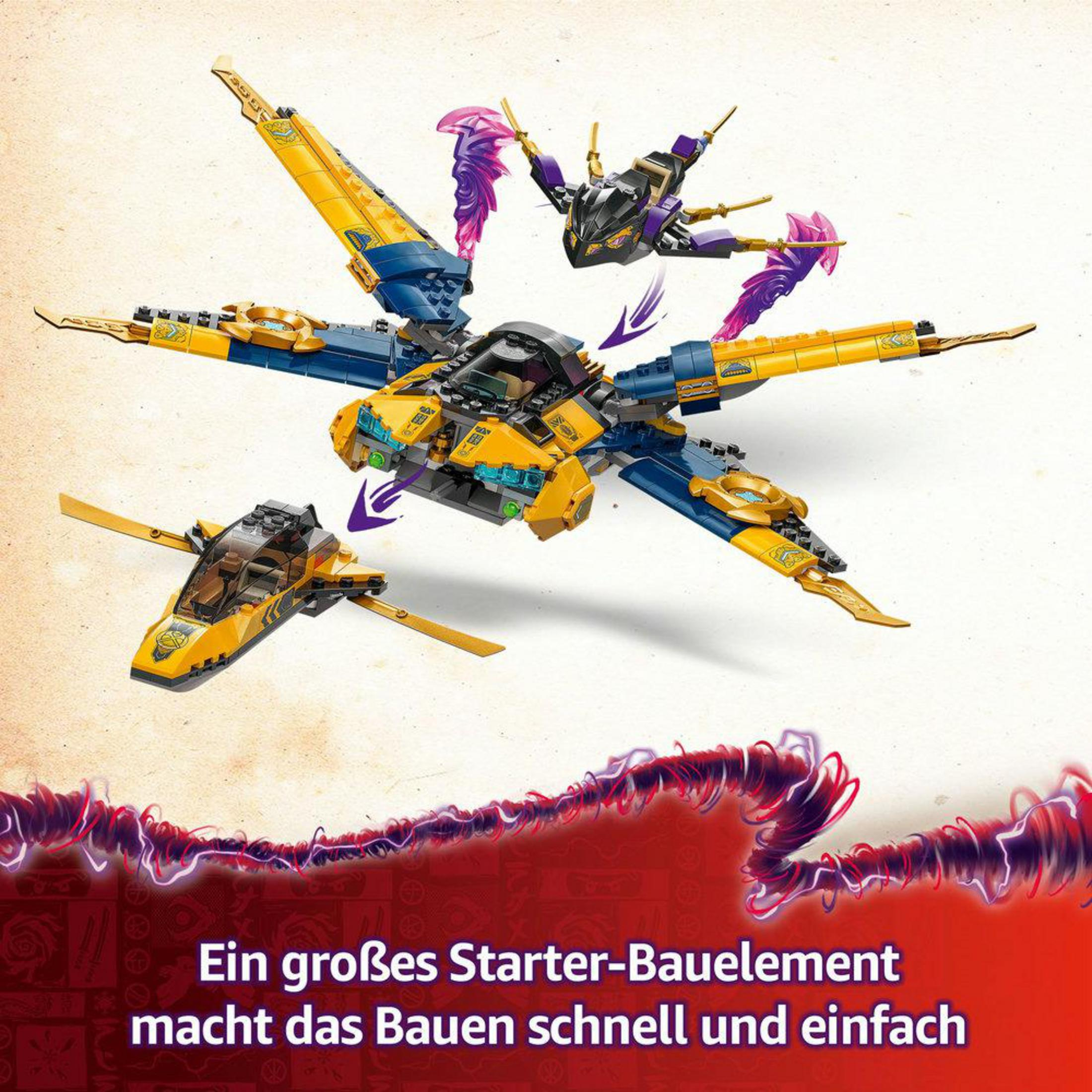 LEGO Ninjago Set zeigt den Bauprozess eines gelb-blauen Flugzeugs mit Pfeilen.