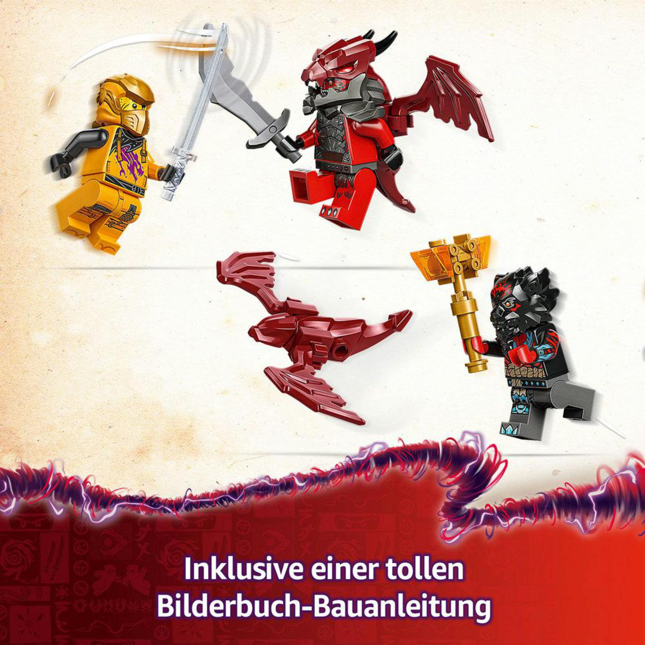 LEGO Ninjago Minifiguren: ein gelber Ninja mit Schwert, ein roter Drache und zwei weitere Figuren.