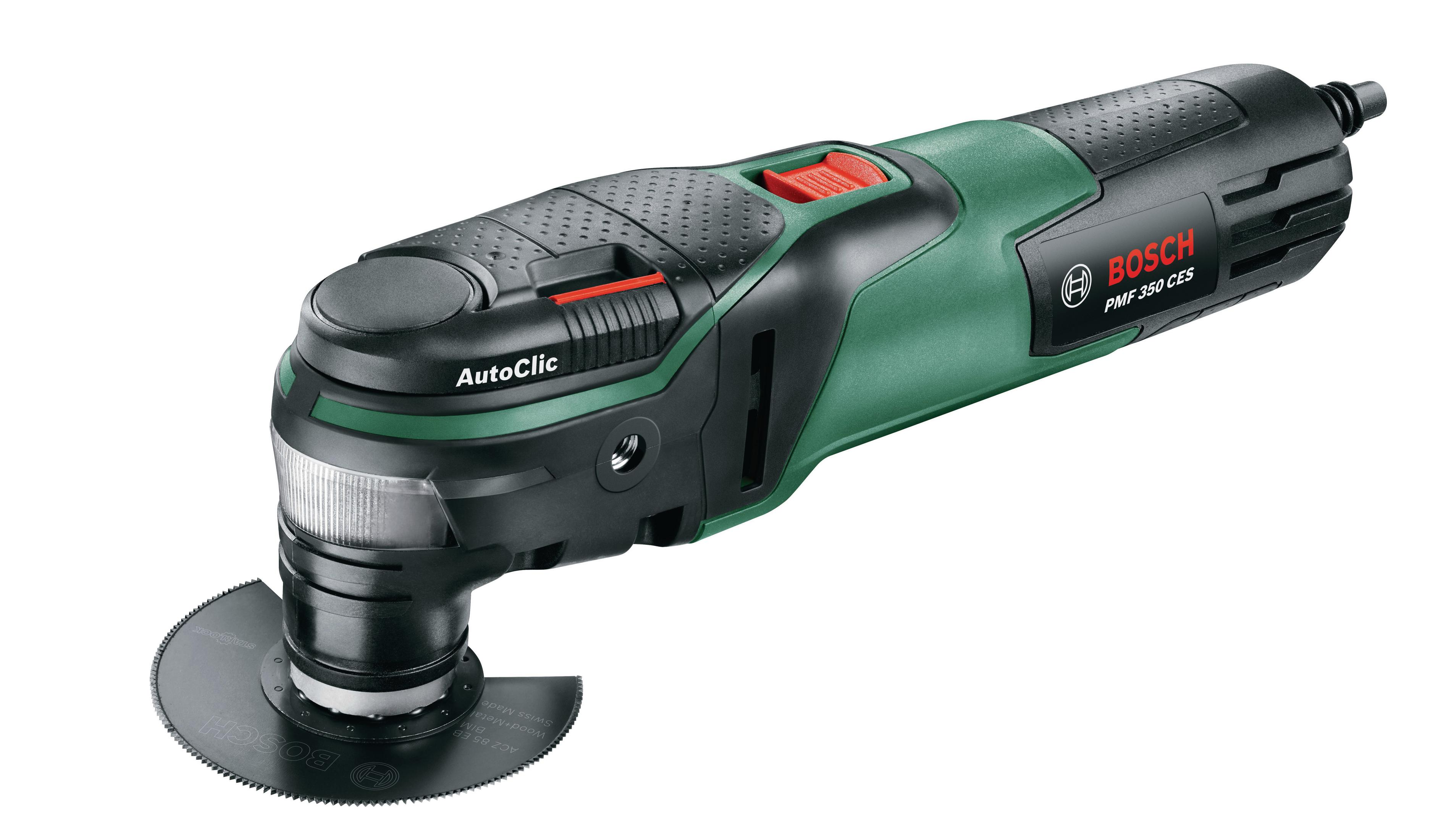 Un outil multifonction Bosch PMF 350 CES. Il est noir et vert avec une lame argentée.