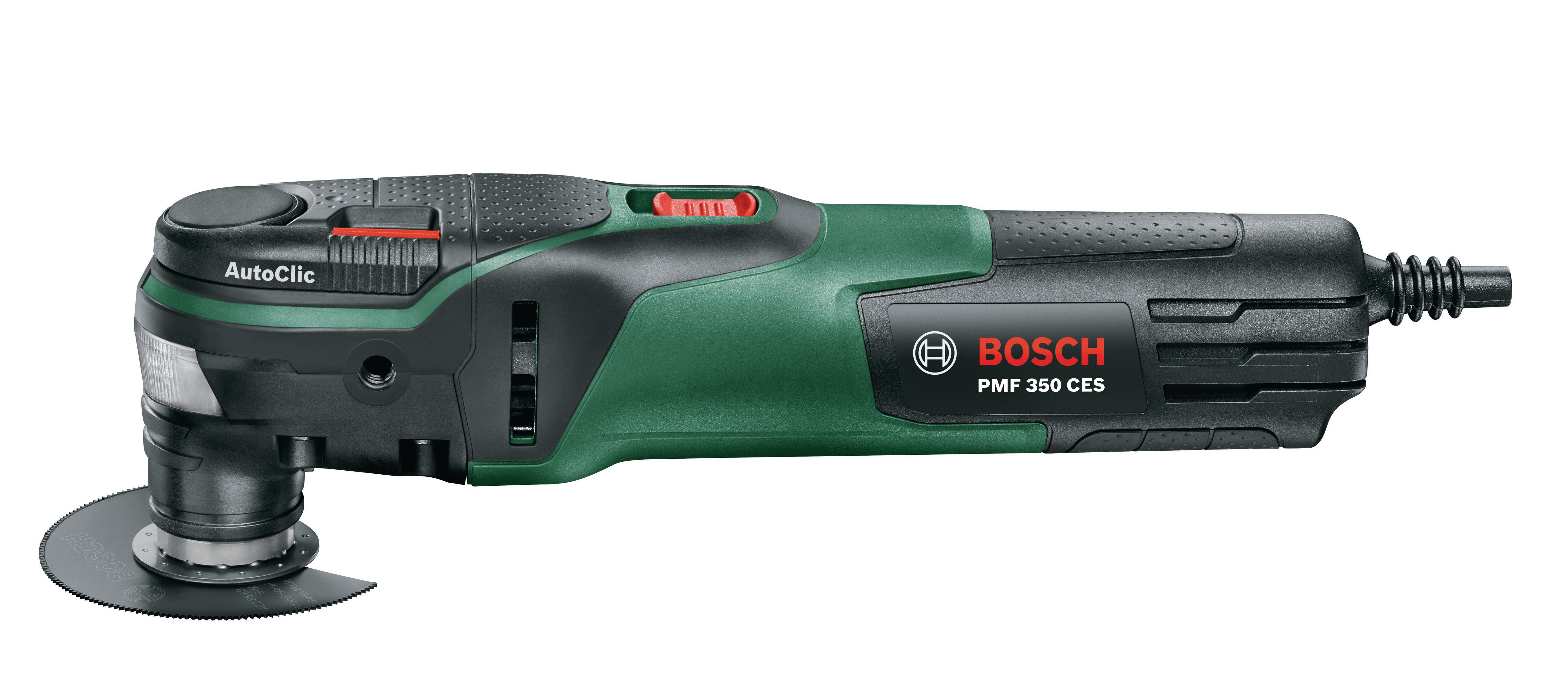 Multi-outil Bosch PMF 350 CES, noir et vert, isolé sur fond blanc.