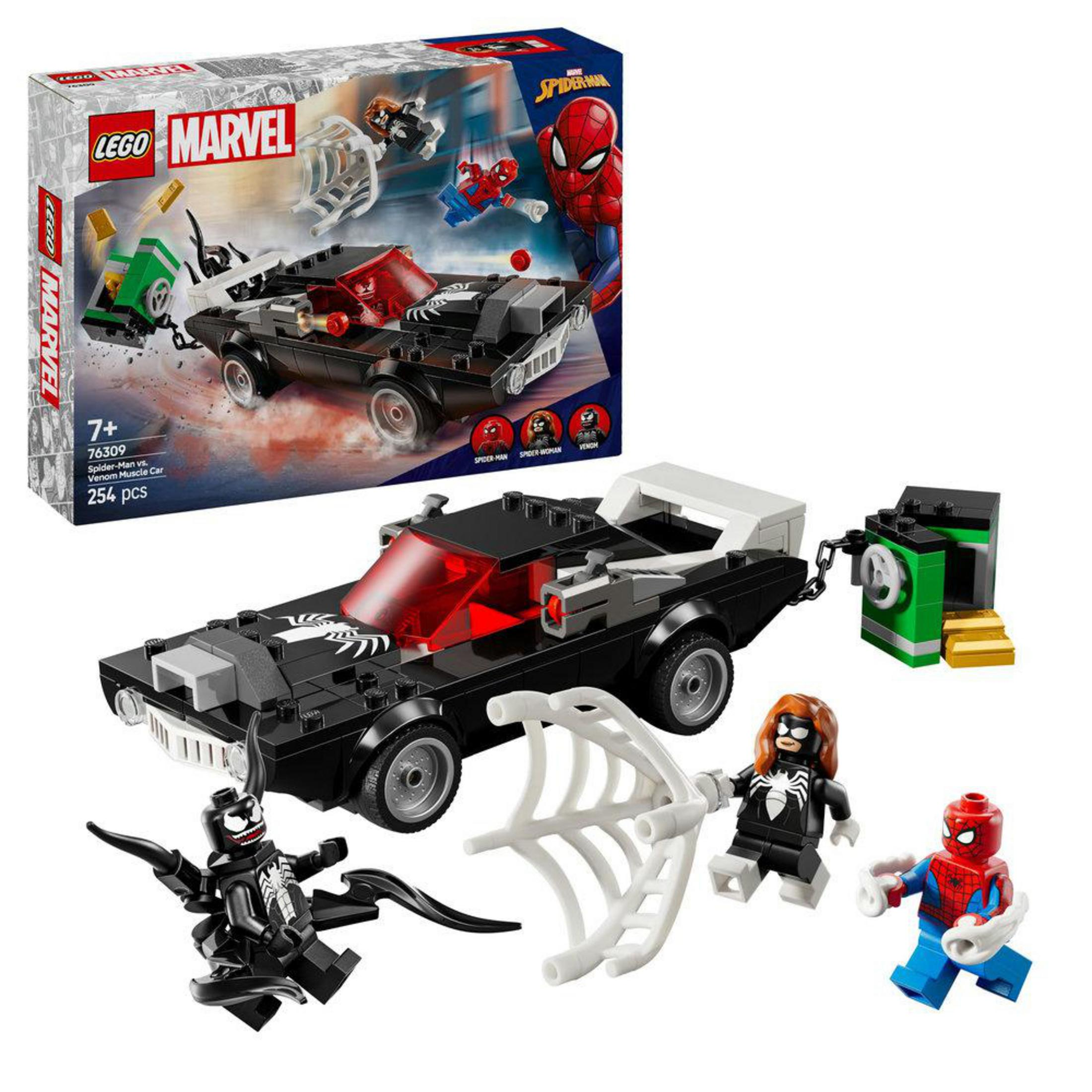 Pudełko zestawu LEGO Marvel Spider-Man pokazujące samochód i minifigurki w akcji.