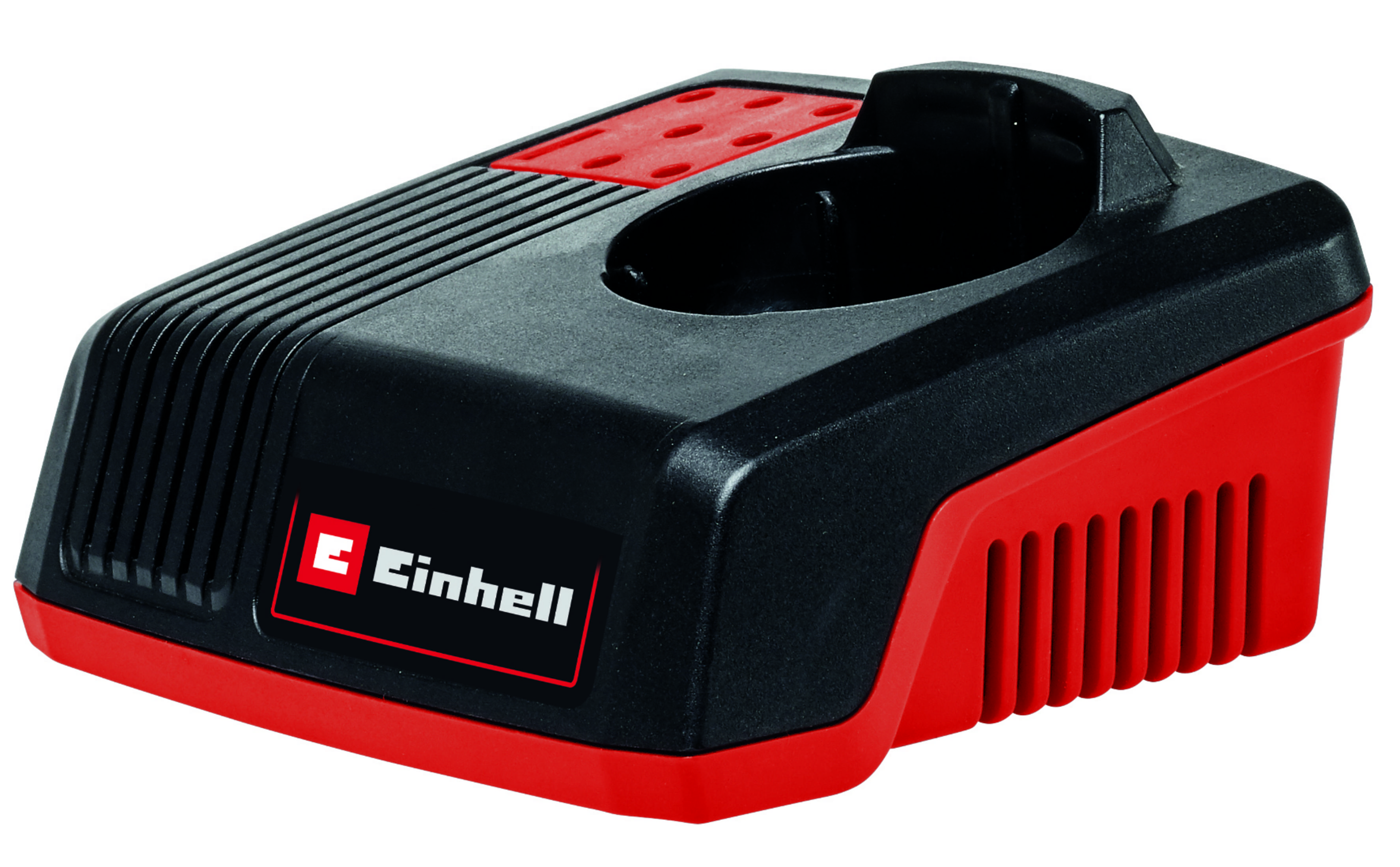 Rotes und schwarzes Batterieladegerät. Das Ladegerät ist für ein Werkzeug.