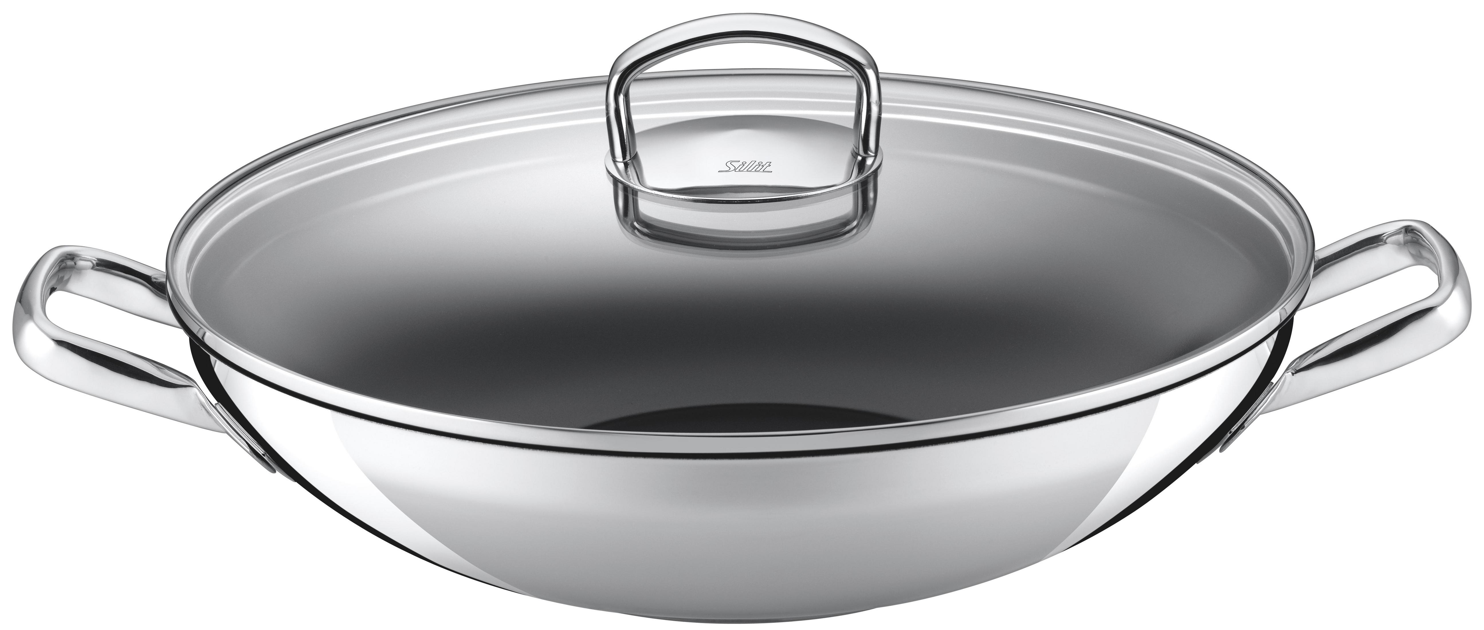 Glänzender Edelstahl-Wok mit Glasdeckel. Weißer Hintergrund.