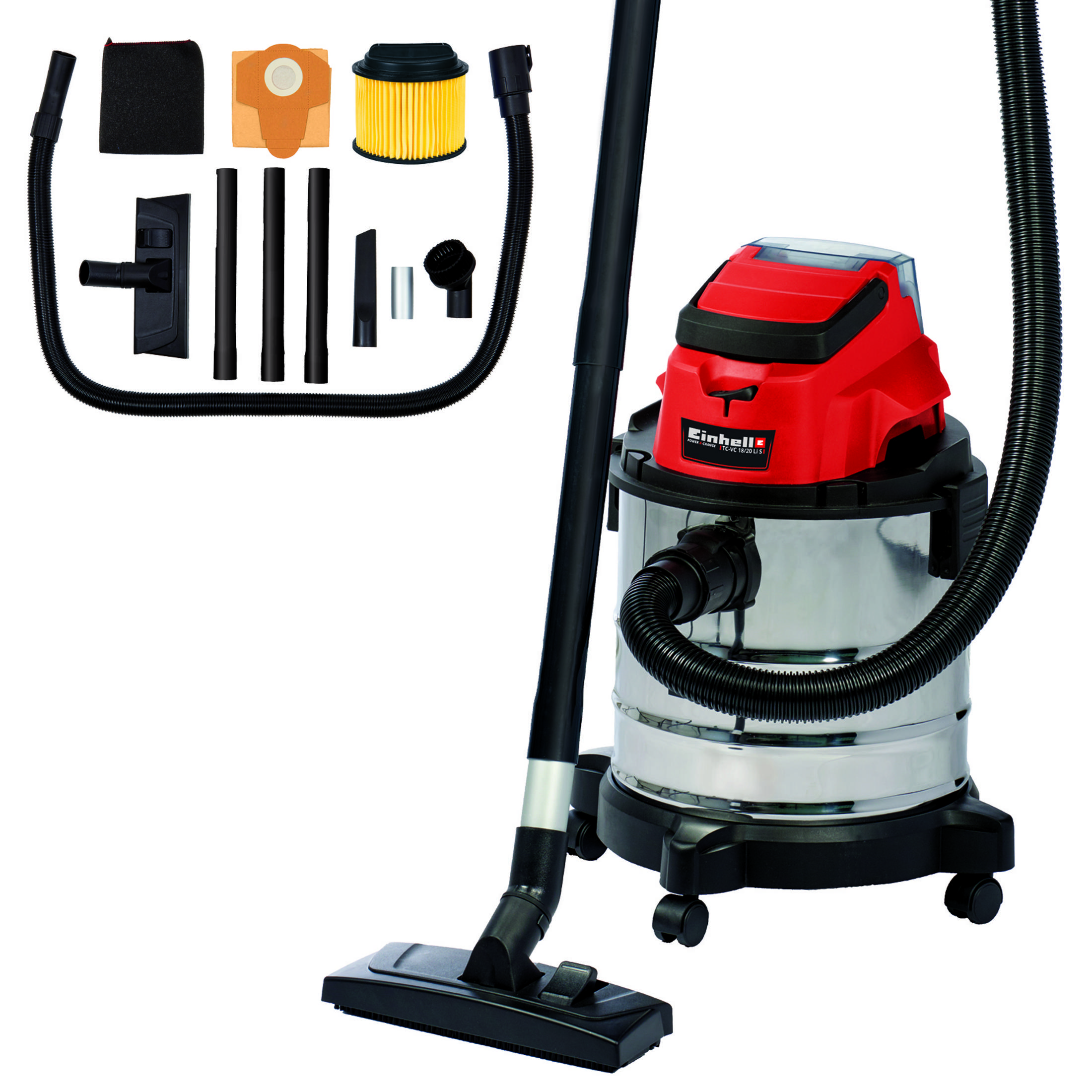 Un aspirateur rouge et argenté avec divers accessoires. Il est sur fond blanc.