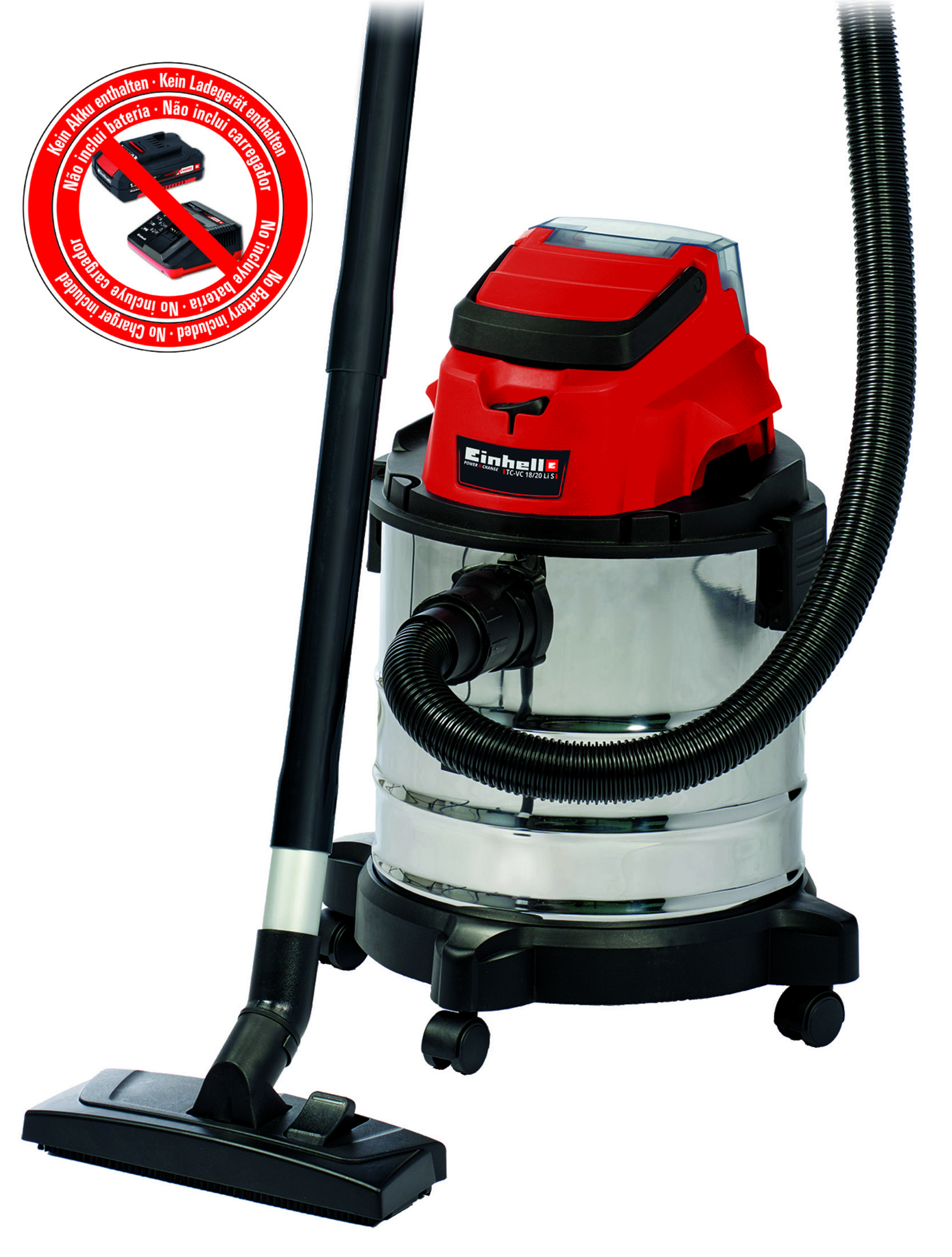 Aspirateur rouge et argenté, tuyau noir, avec accessoires. L'image a un panneau d'avertissement.