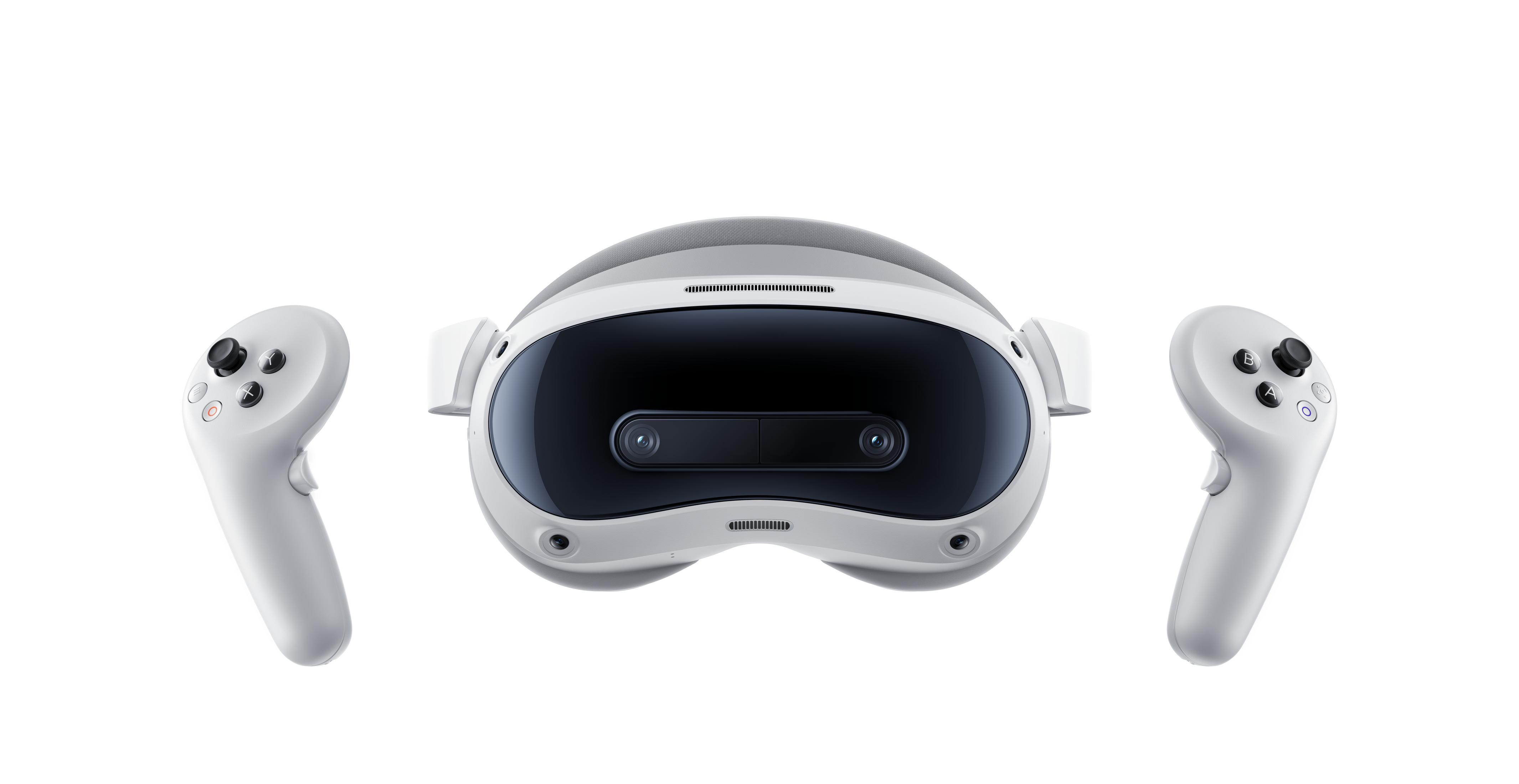 Zestaw VR i kontrolery na białym tle. Zestaw jest biało-czarny, kontrolery mają przyciski.