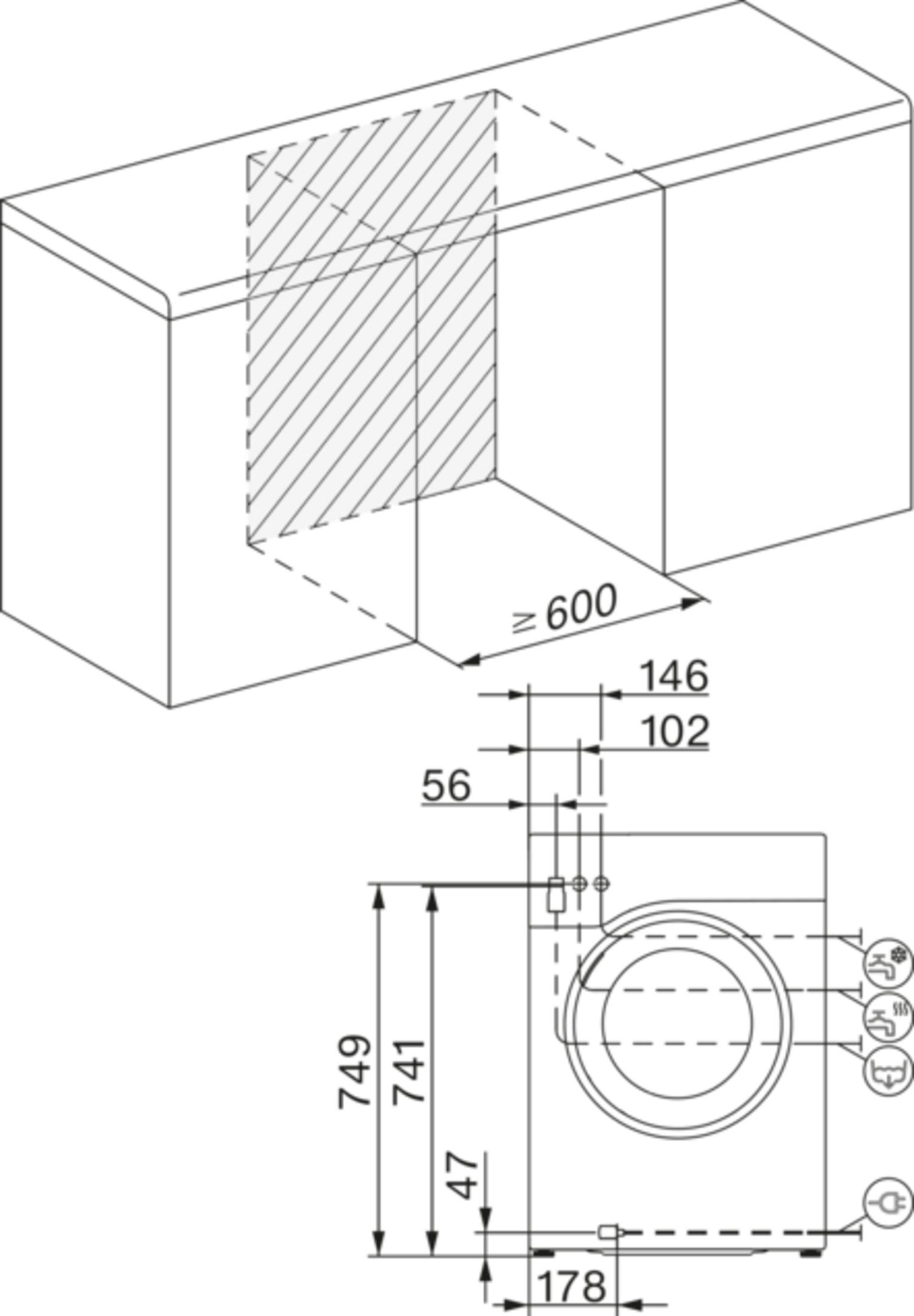 Diagramm einer Waschmaschineninstallation mit Abmessungen. Die Maschine ist weiß mit einer schwarzen Tür.