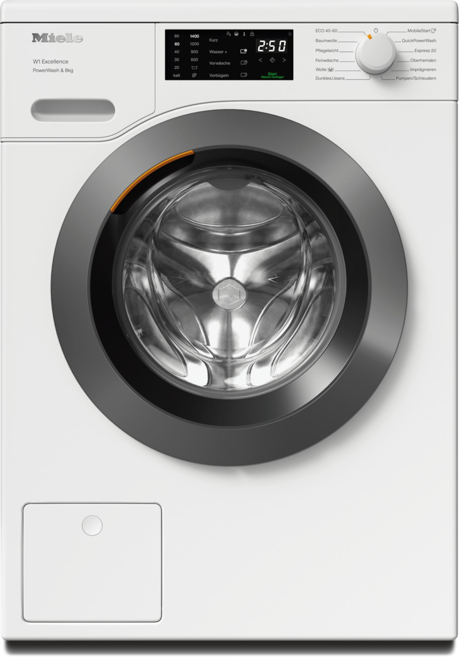 Weiße Miele Waschmaschine mit Digitalanzeige. Runde Tür, vor weißem Hintergrund.