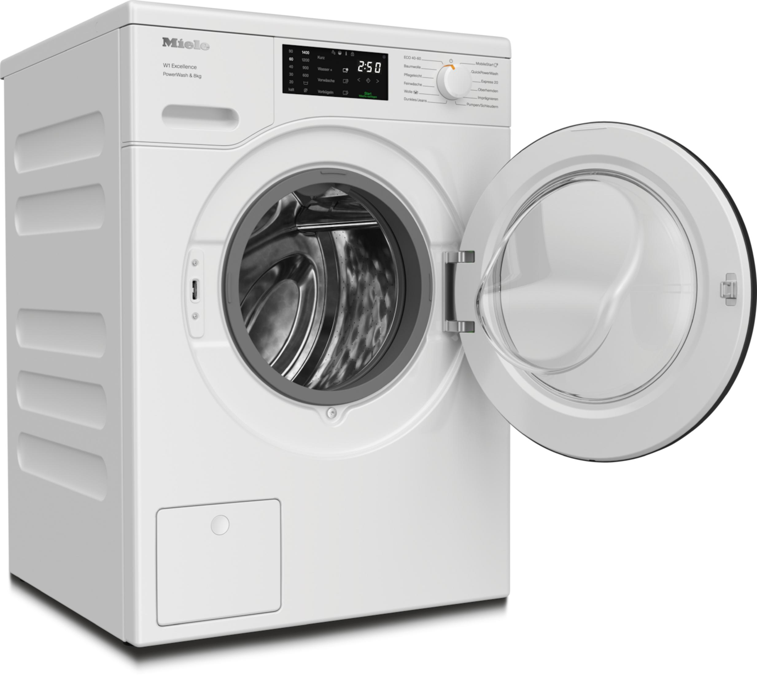 Weiße Waschmaschine mit offener Tür, Bedienfeld sichtbar. Modernes Design, klare Linien.