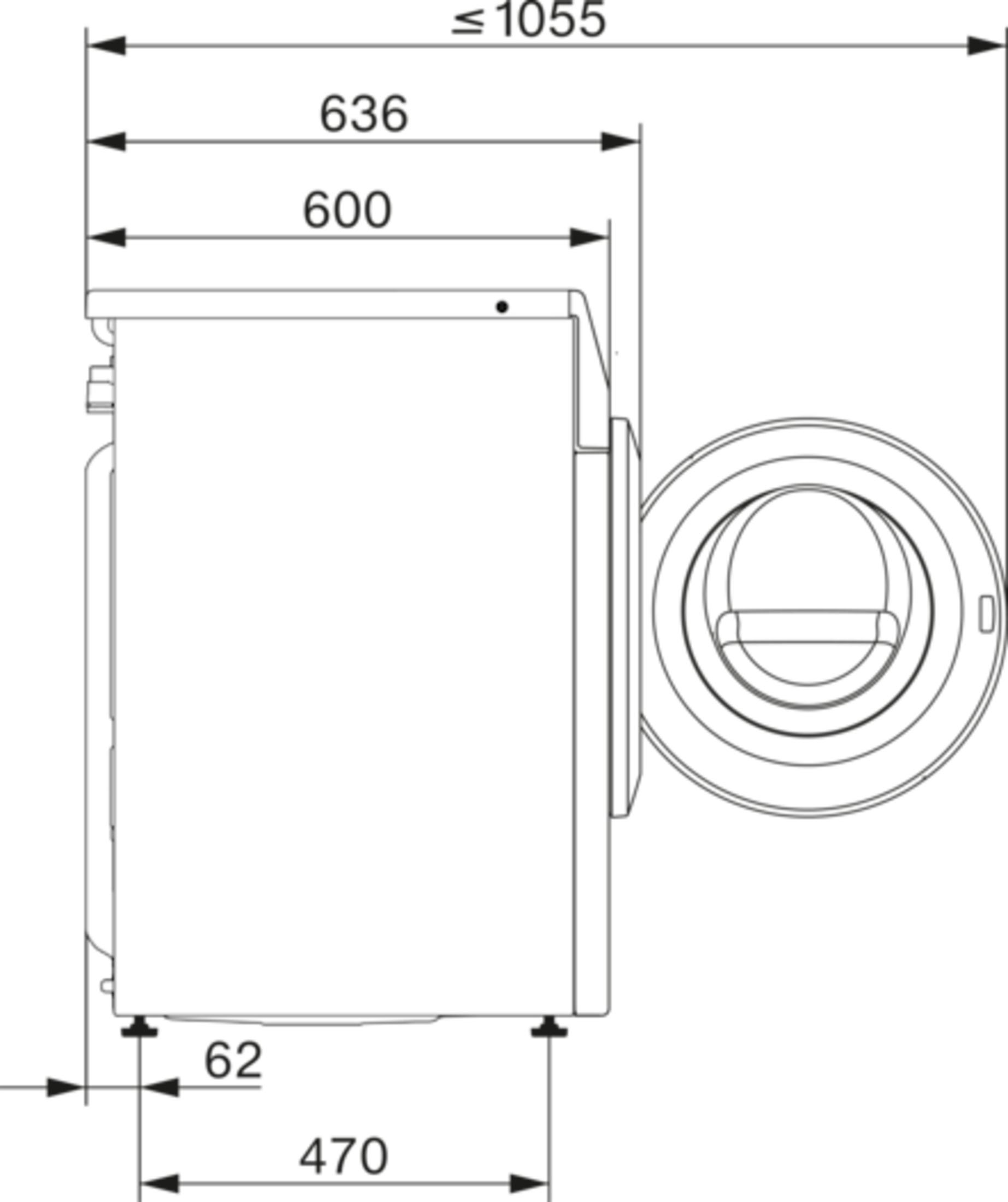Ein Diagramm der Abmessungen einer Waschmaschine, das Länge und Höhe zeigt.