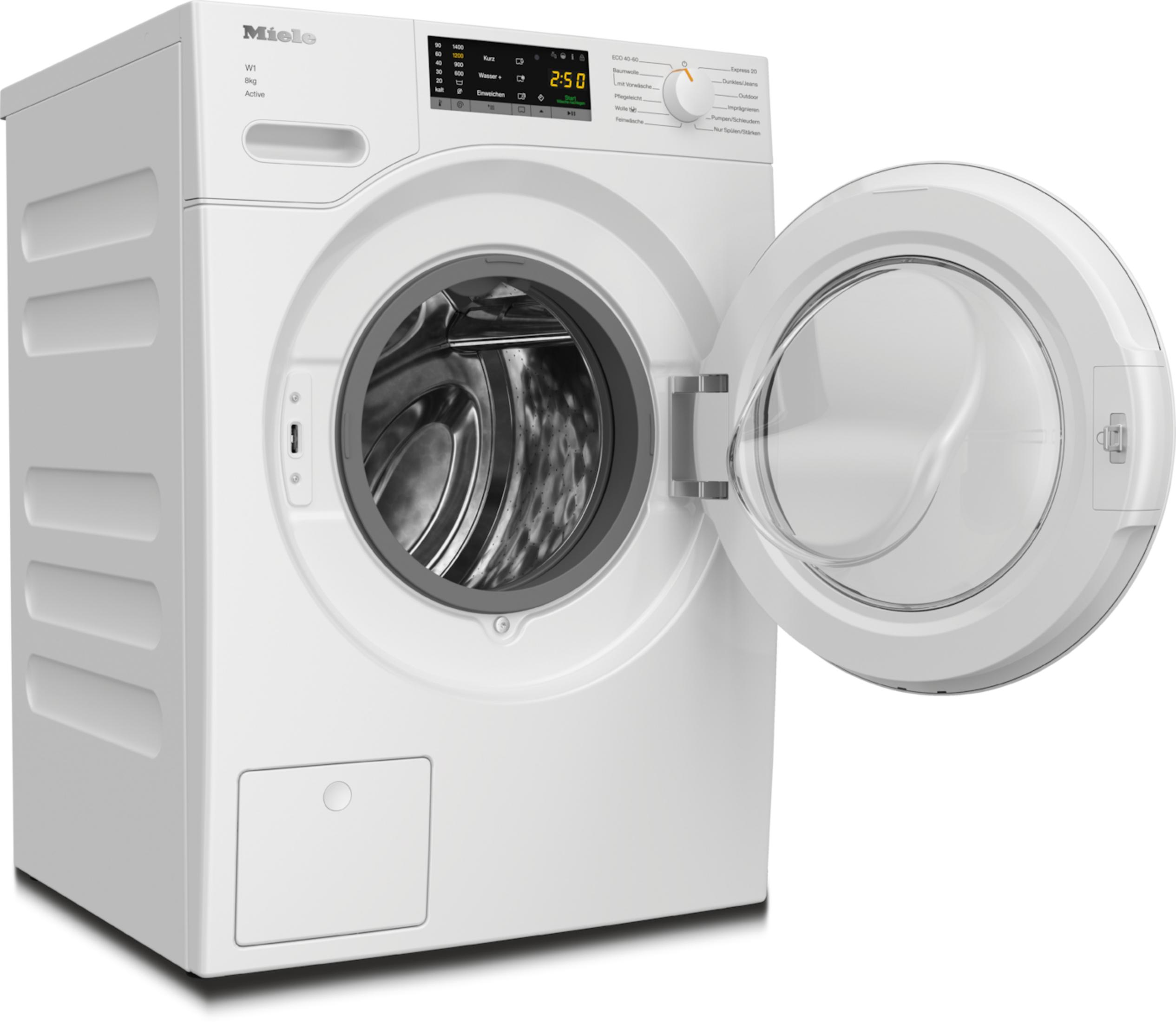 Nahaufnahme des Bedienfelds einer Waschmaschine mit Drehknopf und Display.