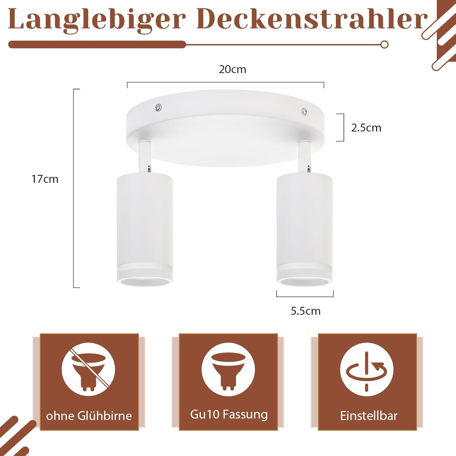 Foco de techo blanco con dos luces cilíndricas, se muestran las dimensiones del producto. El texto incluye detalles técnicos.