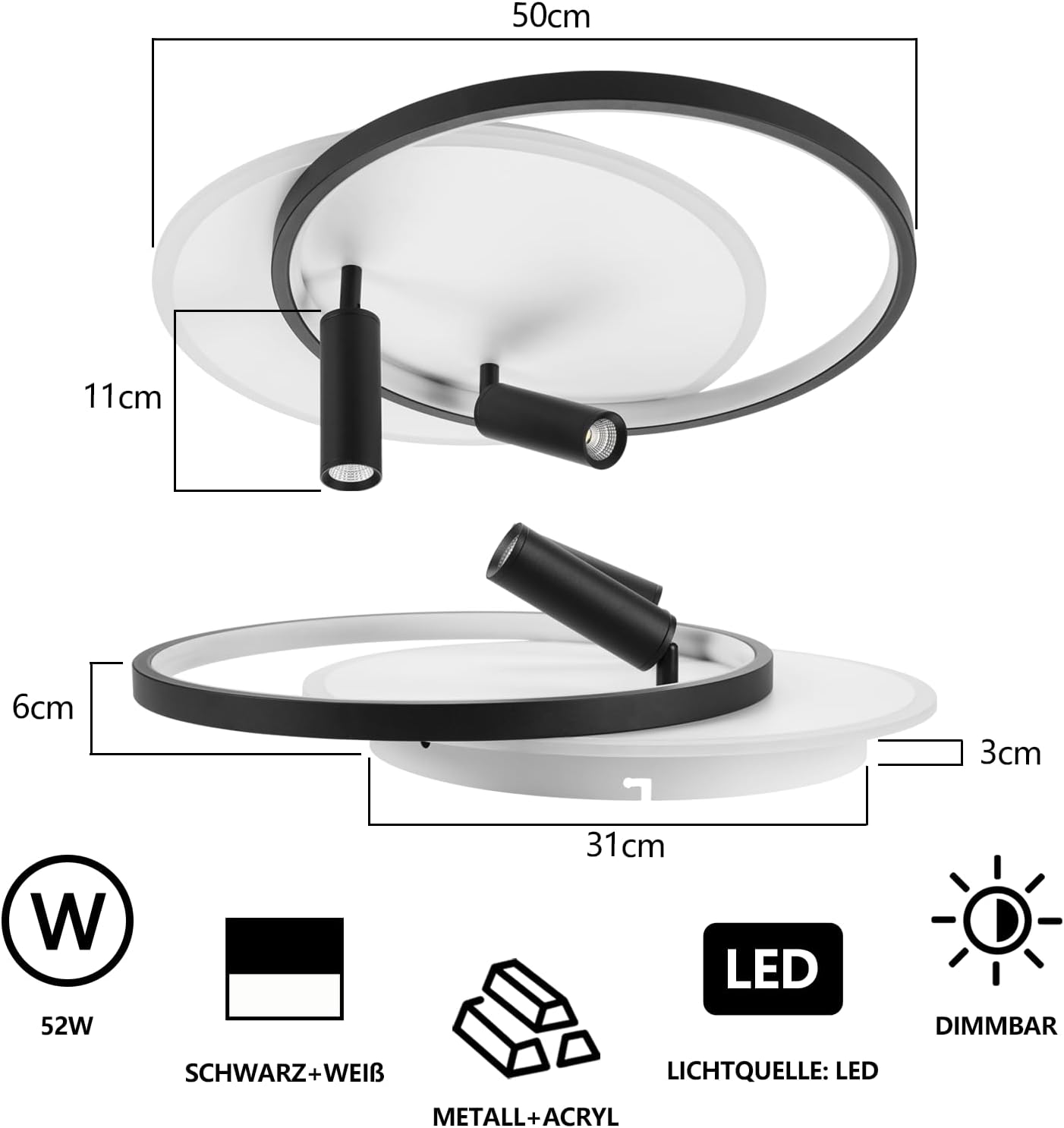 Lampada da soffitto con design circolare in bianco e nero, con dimensioni.